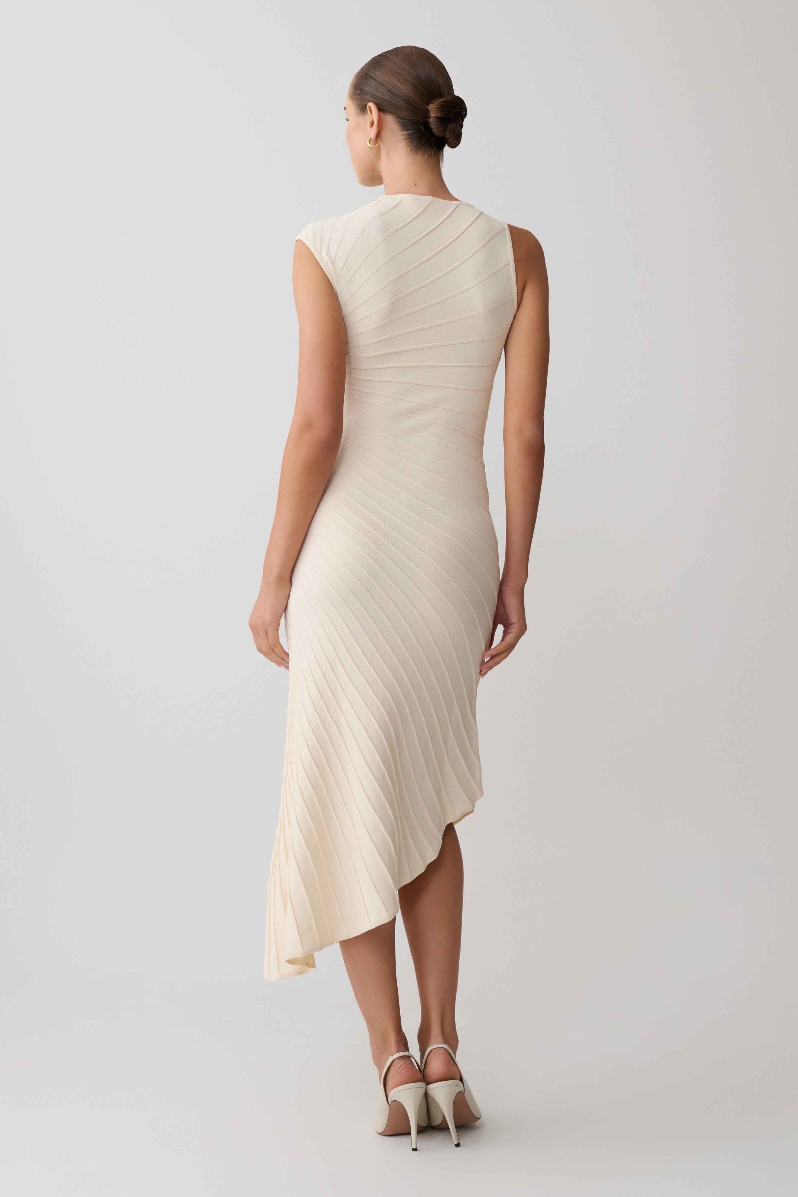 Milasandra Ivory Pleated Knit Midi Dress