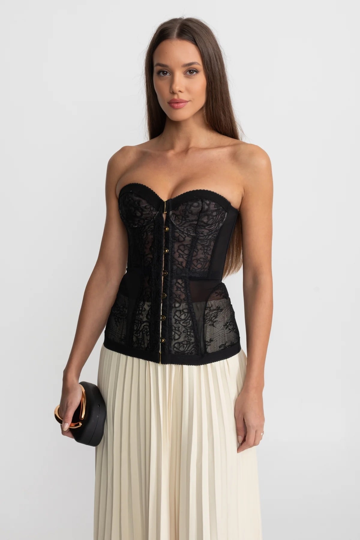 Strapless Lace Corset Top with Boning and Front Closure - Black - ICYBOO