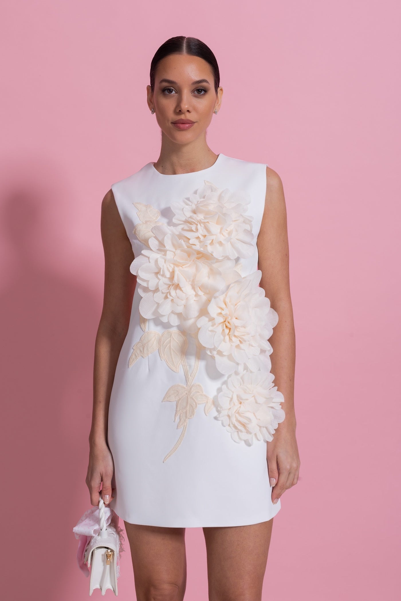 Sleeveless Mini Dress With Round Neckline And 3D Floral Appliqué - White - ICYBOO