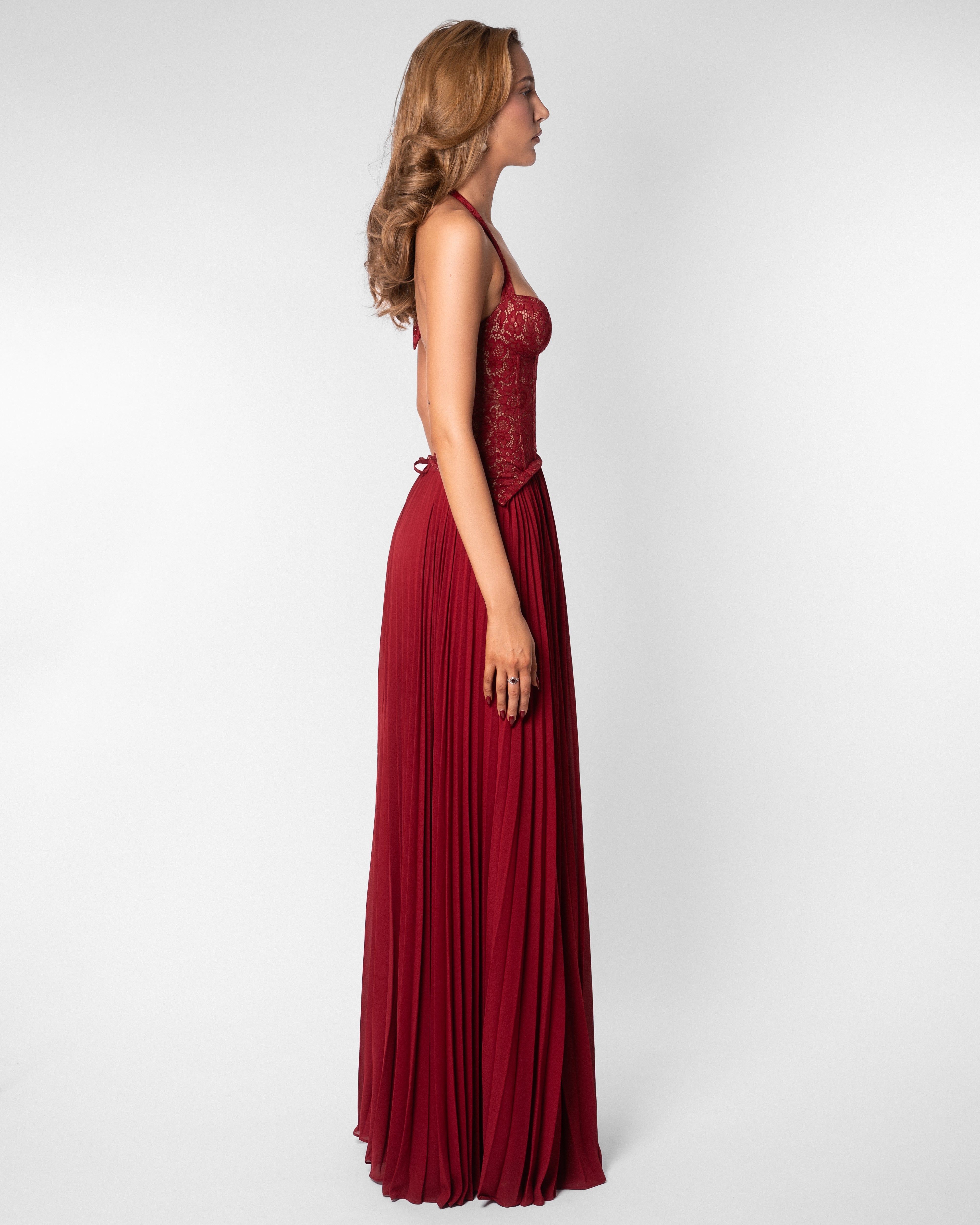 Gaia Lace Pleated Maxi Evening Dress - Dark Red