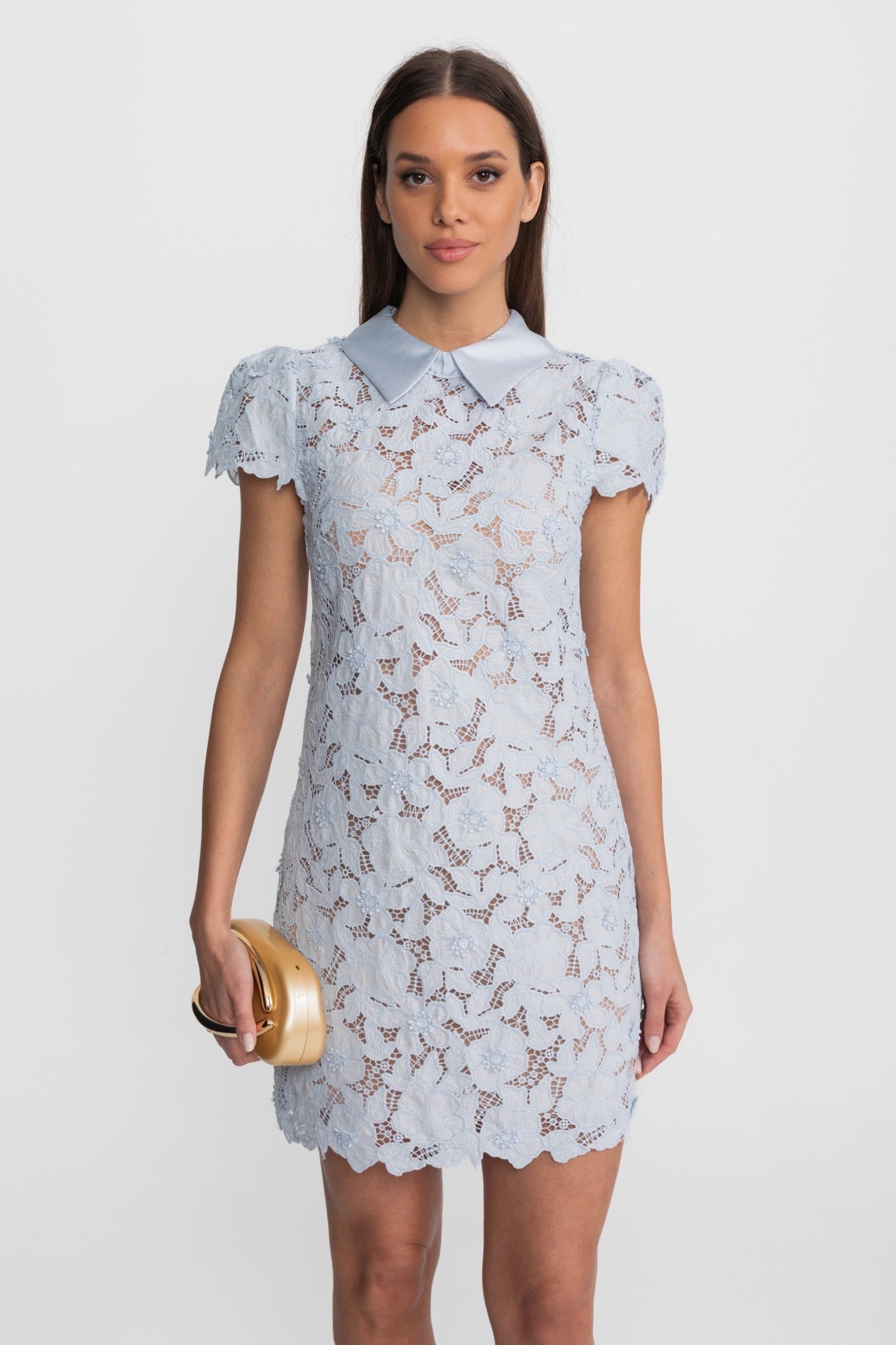 Floral Lace Mini Dress with Satin Collar – Light Blue - ICYBOO