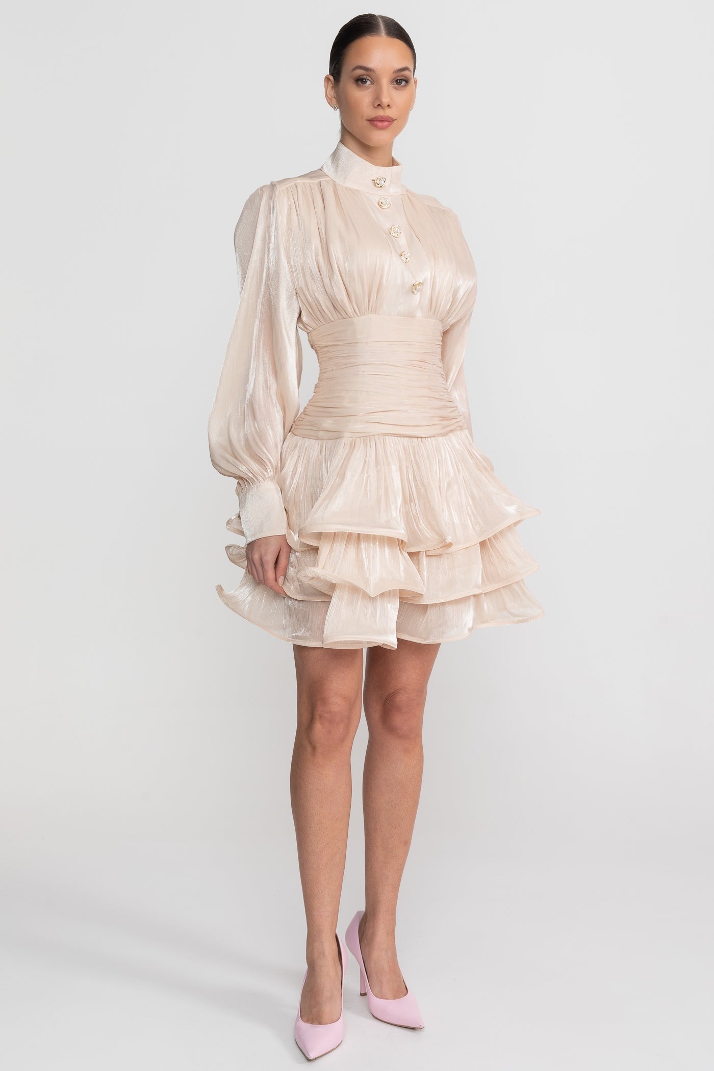 Draped Long Sleeve Mini Dress With Tiered Ruffle Skirt - Champagne - ICYBOO
