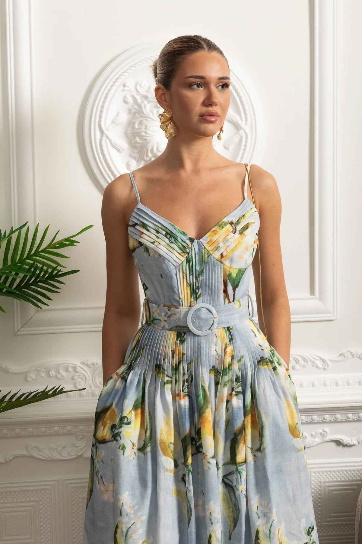 Pleated Bust Belted Midi Dress with Spaghetti Straps - Sky Blue