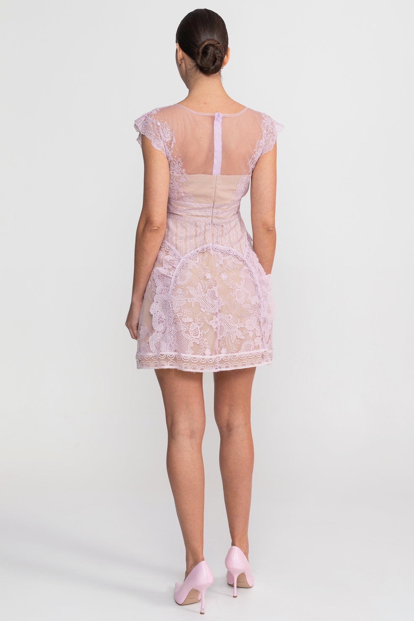 Cap Sleeve Mini Dress With Sheer Yoke And Pearl Button Detail - Lilac - ICYBOO