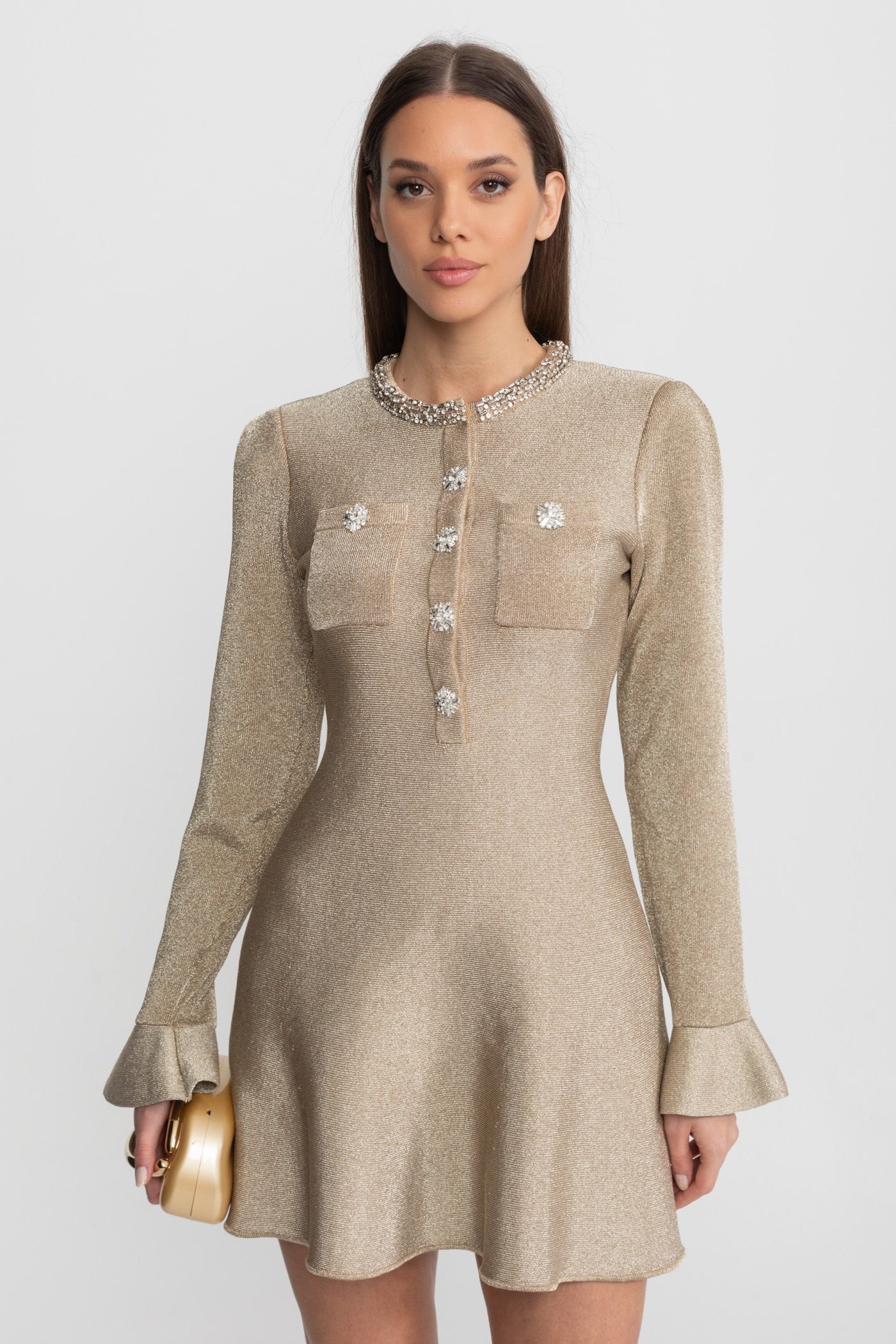 Shimmer Mini Dress with Crystal Button Embellishments – Champagne - ICYBOO