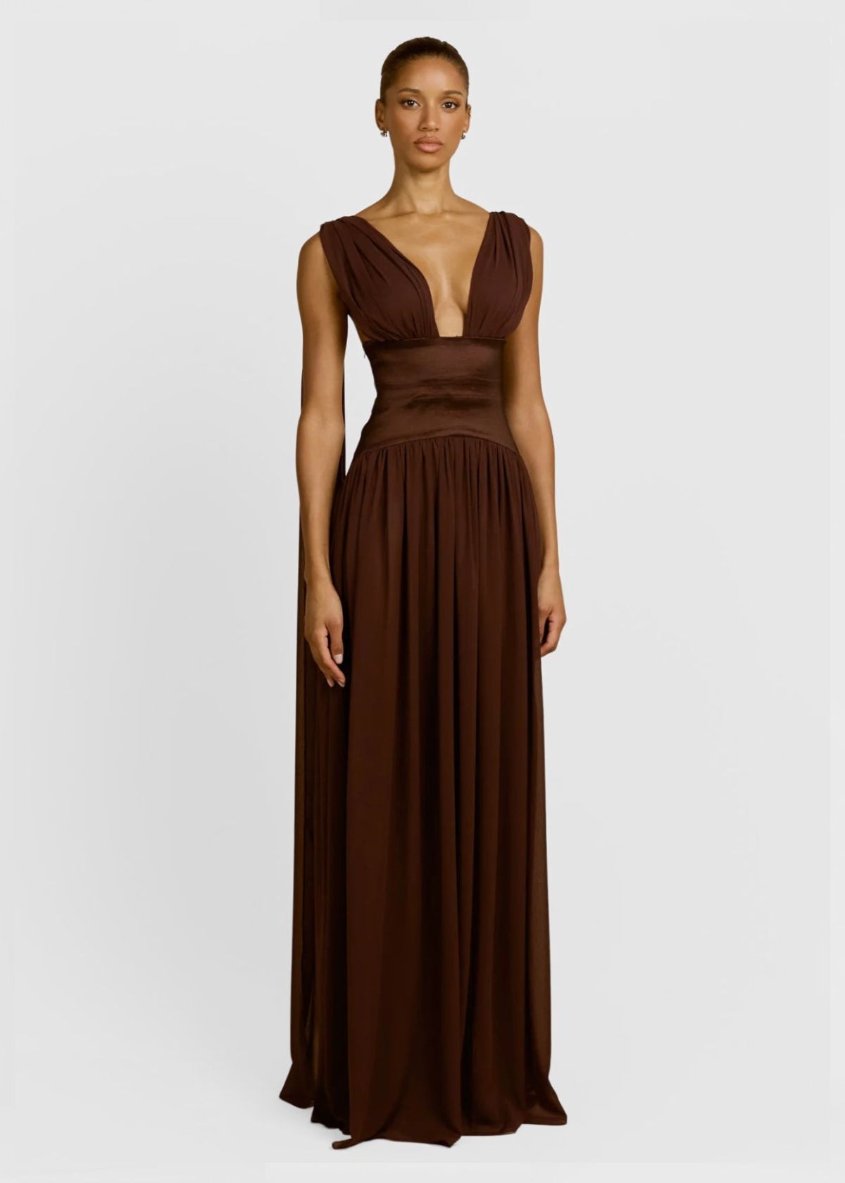Ramona plunging sheer maxi formal evening dress - Cacao - ICYBOO