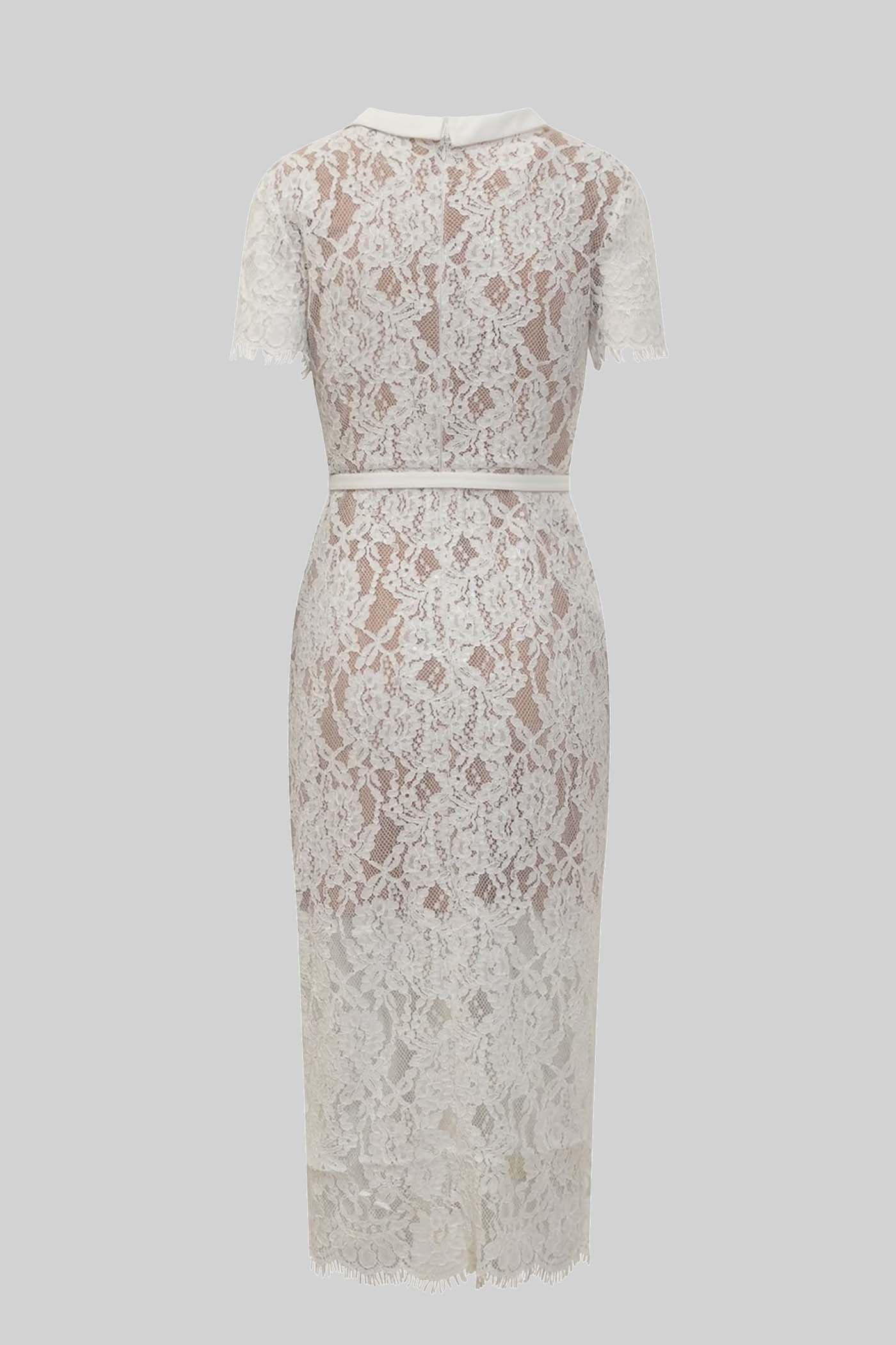 Elegant Short Sleeve Lace Dress With Matching Waist Belt - White - ICYBOO