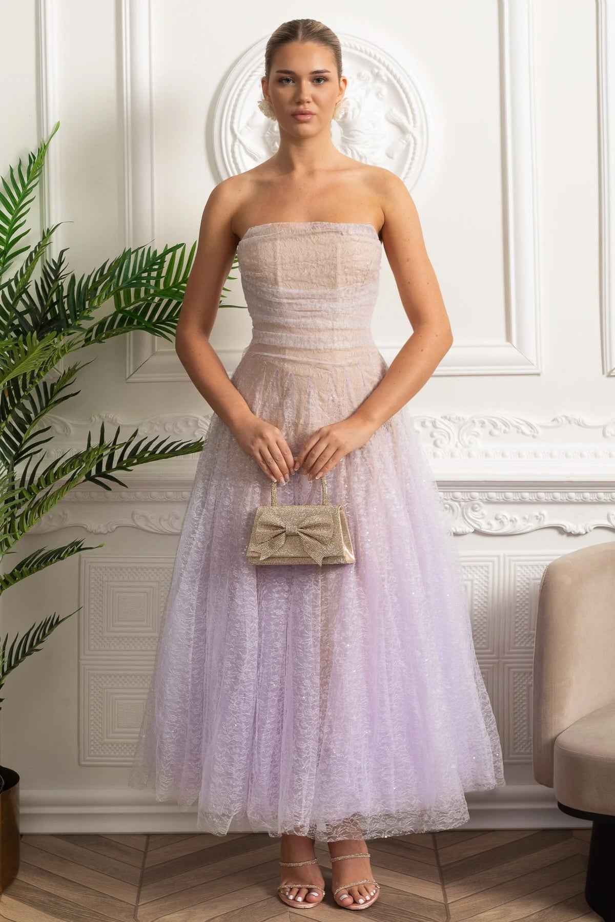Lilac Gradient | STRAPLESS FITTED MIDI COCKTAIL PARTY DRESS