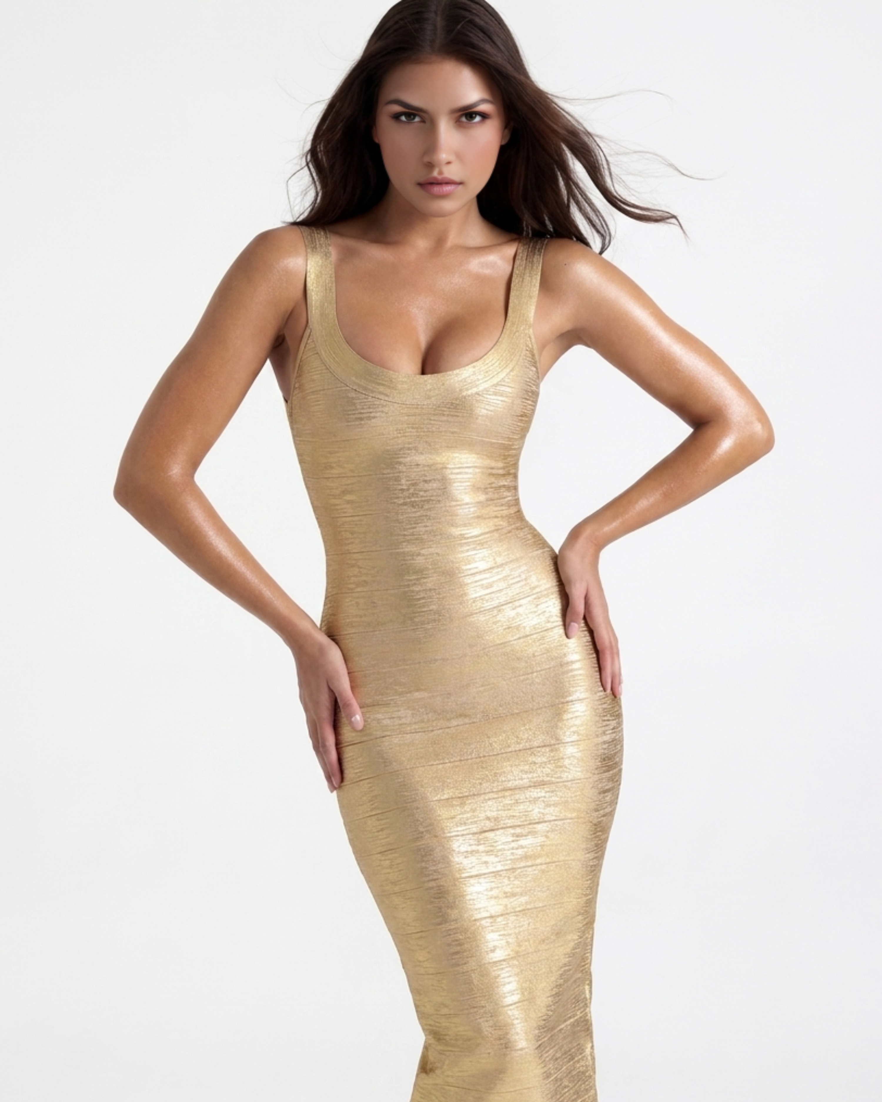 Beyoncé Bodycon Fitted Midi Bandage Dress - Gold