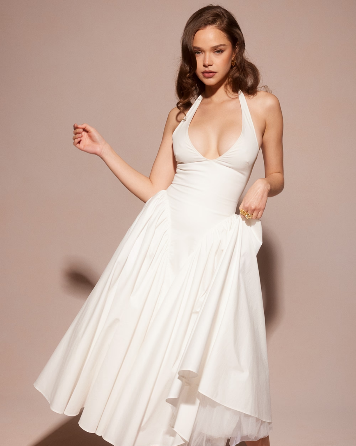 Monroe halter tulle midi summer evening dress - White - ICYBOO
