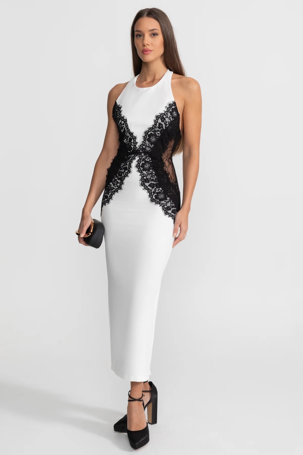 Halter Maxi Dress with Contrast Lace Panels – White - ICYBOO
