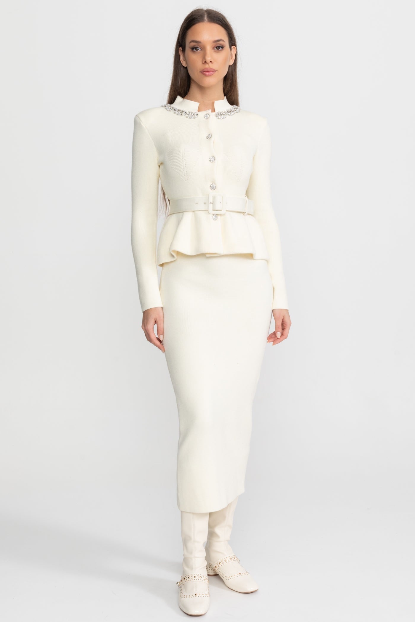 Midi Dress with Peplum Waist and Crystal Collar – Ivoire - ICYBOO