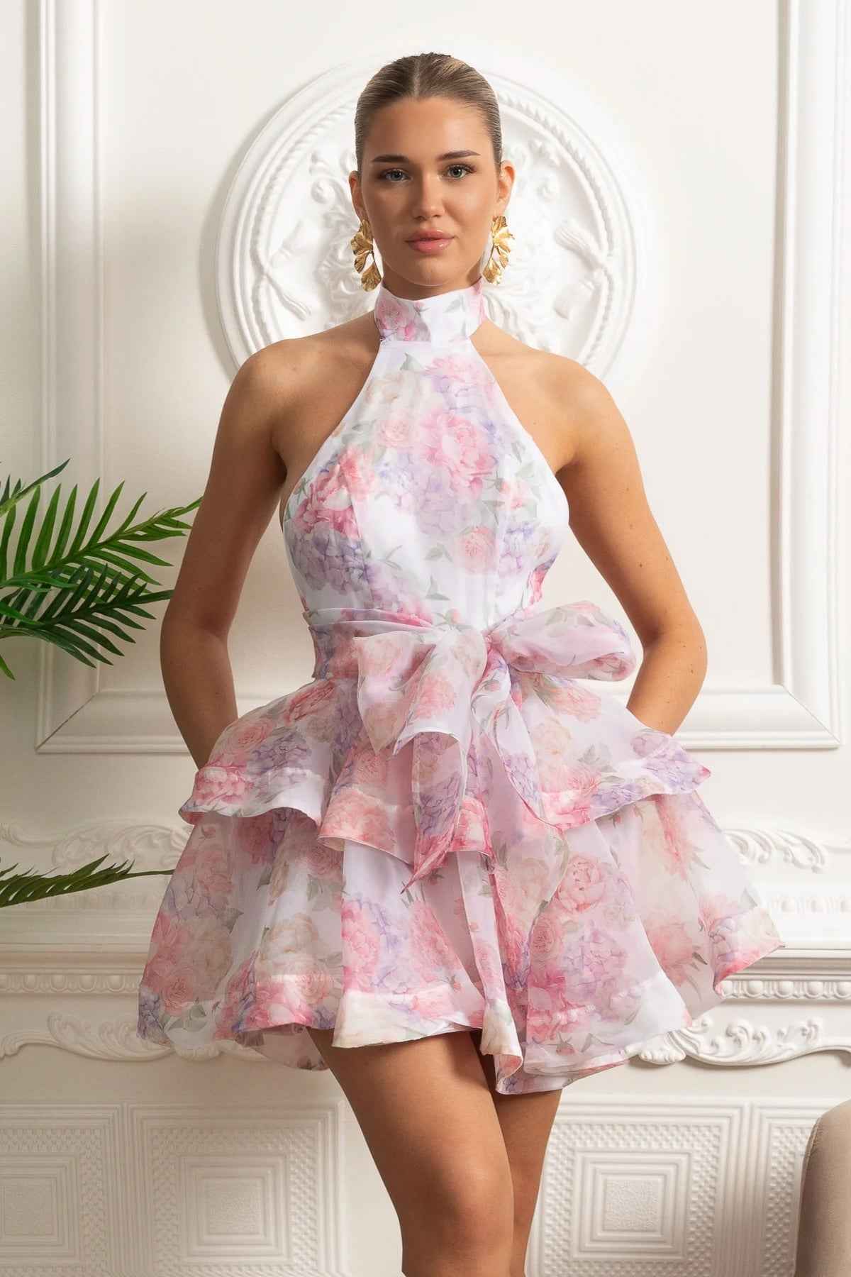 Floral Halterneck | FLORAL RUFFLE MINI PARTY SUMMER DRESS