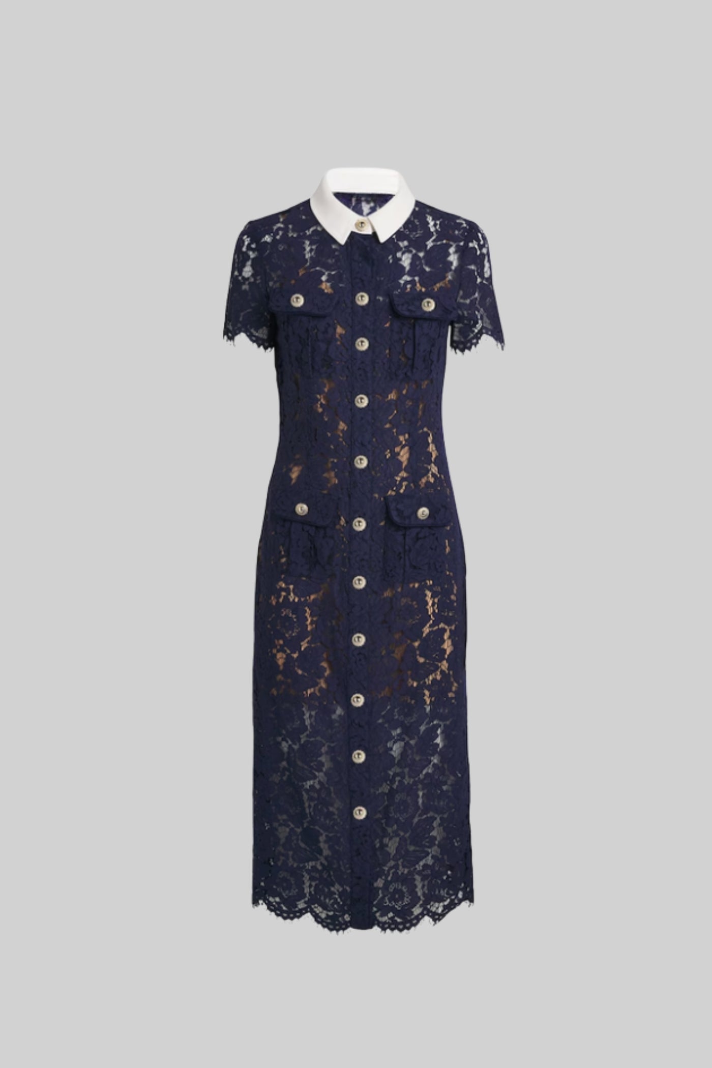 Floral Lace Midi Dress with Tailored Collar and Belted Waist - Navy - ICYBOO