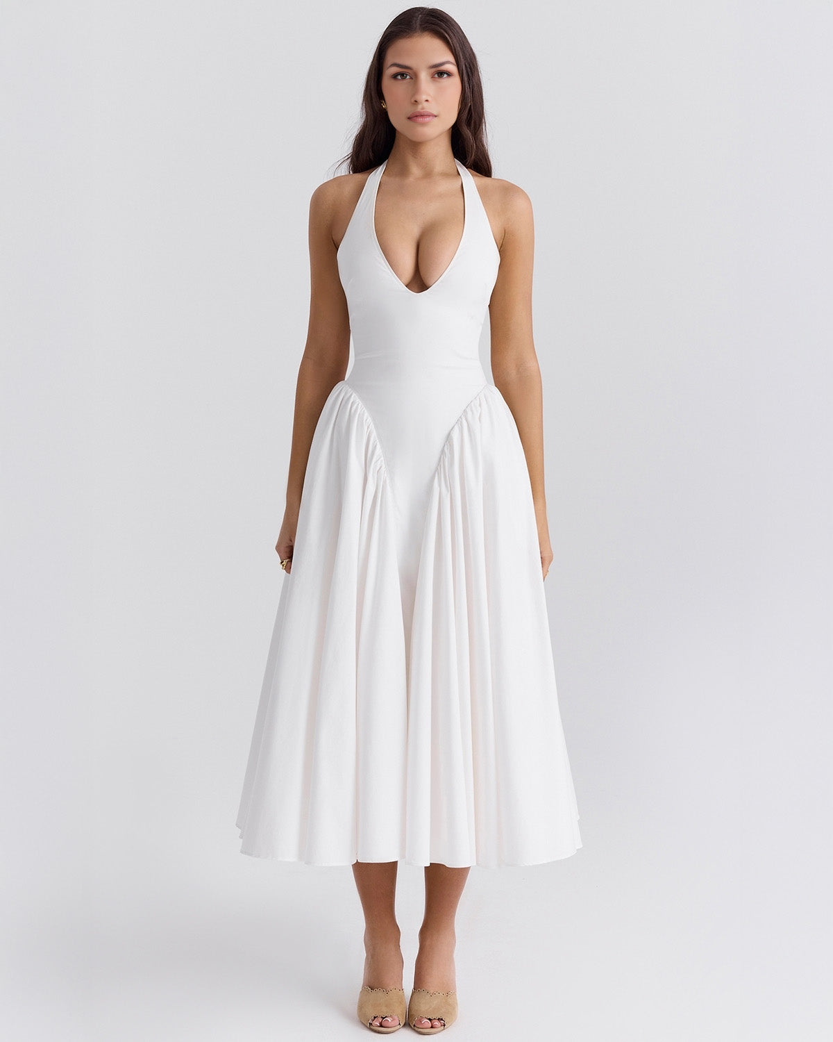 Monroe halter tulle midi summer evening dress - White - ICYBOO