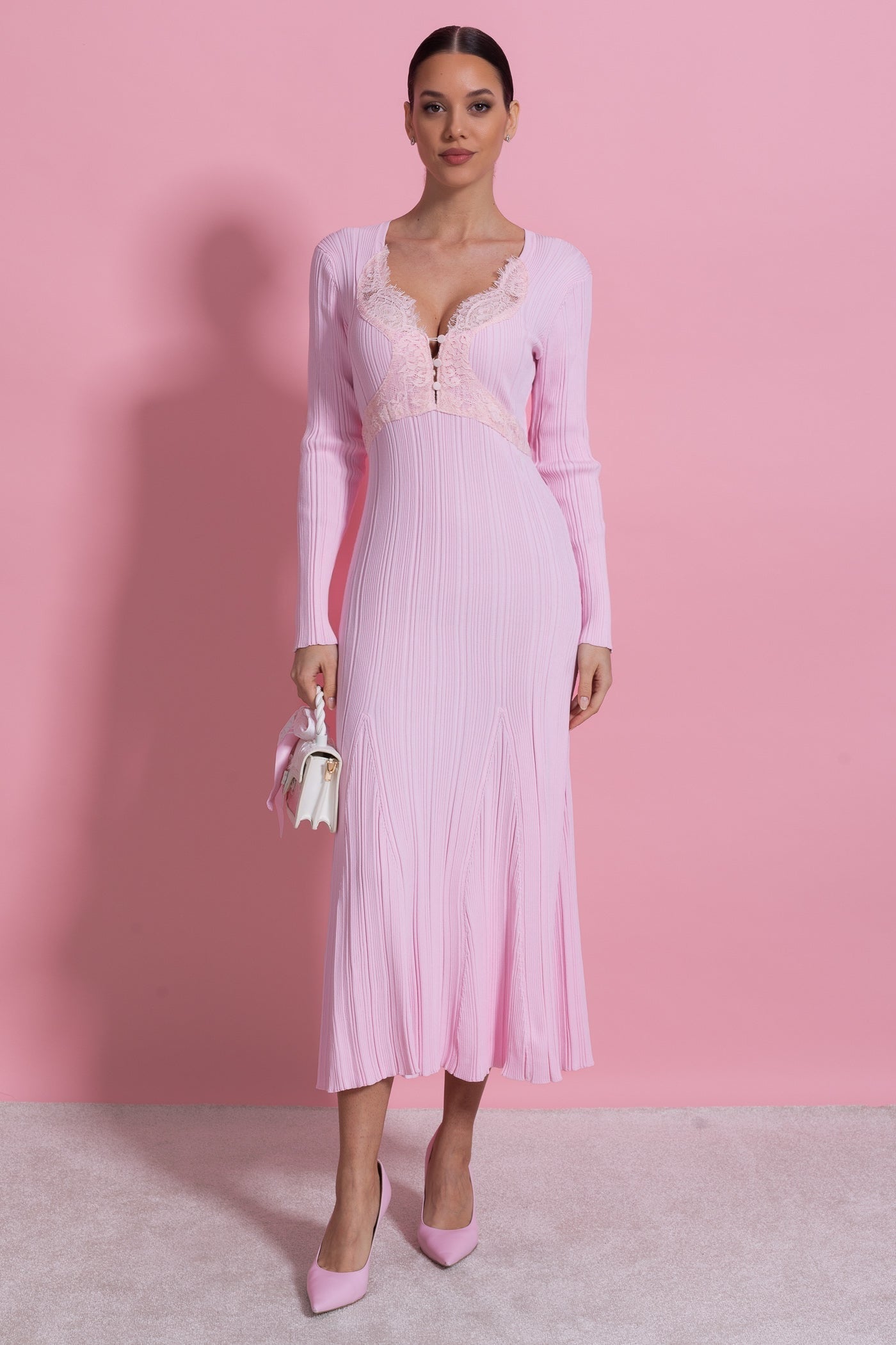 Ribbed Long Sleeve Midi Dress With Lace-Trim V-Neckline - Baby Pink - ICYBOO