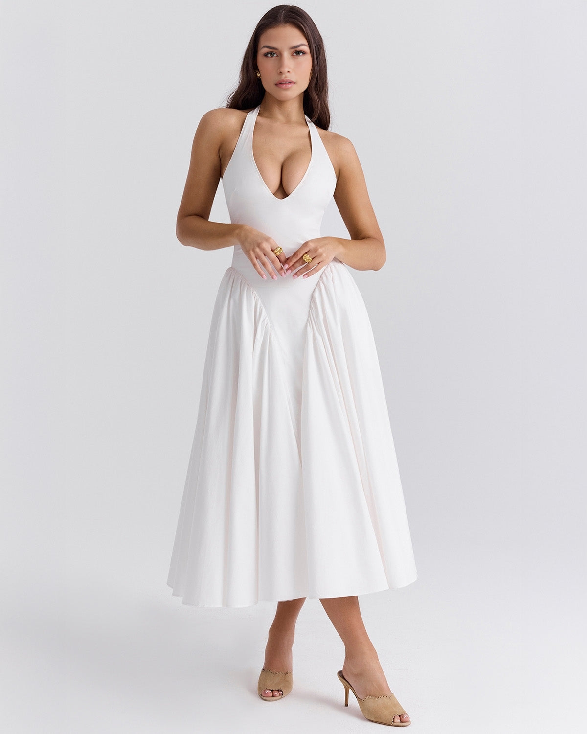 Monroe halter tulle midi summer evening dress - White - ICYBOO