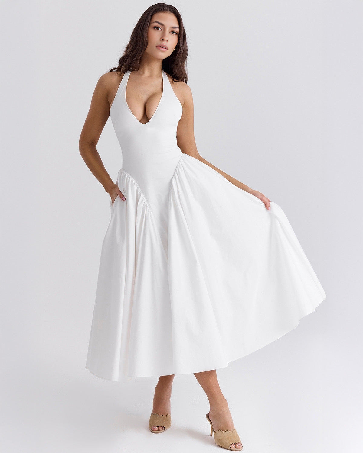 Monroe halter tulle midi summer evening dress - White - ICYBOO
