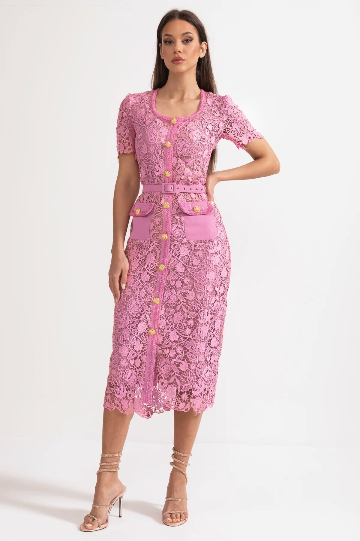 Exquisite Short Sleeve Lace Midi Dress - Rose - ICYBOO