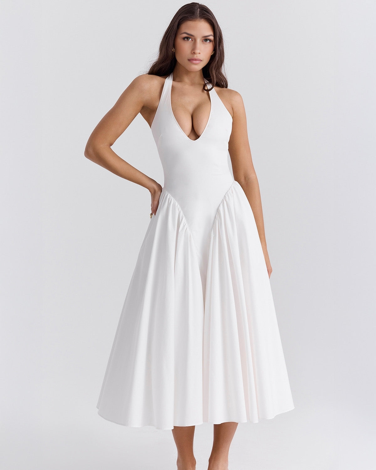 Monroe halter tulle midi summer evening dress - White - ICYBOO