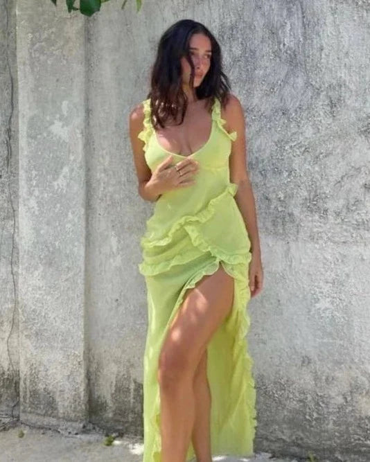 Pixie lime ruffle maxi dress - ICYBOO