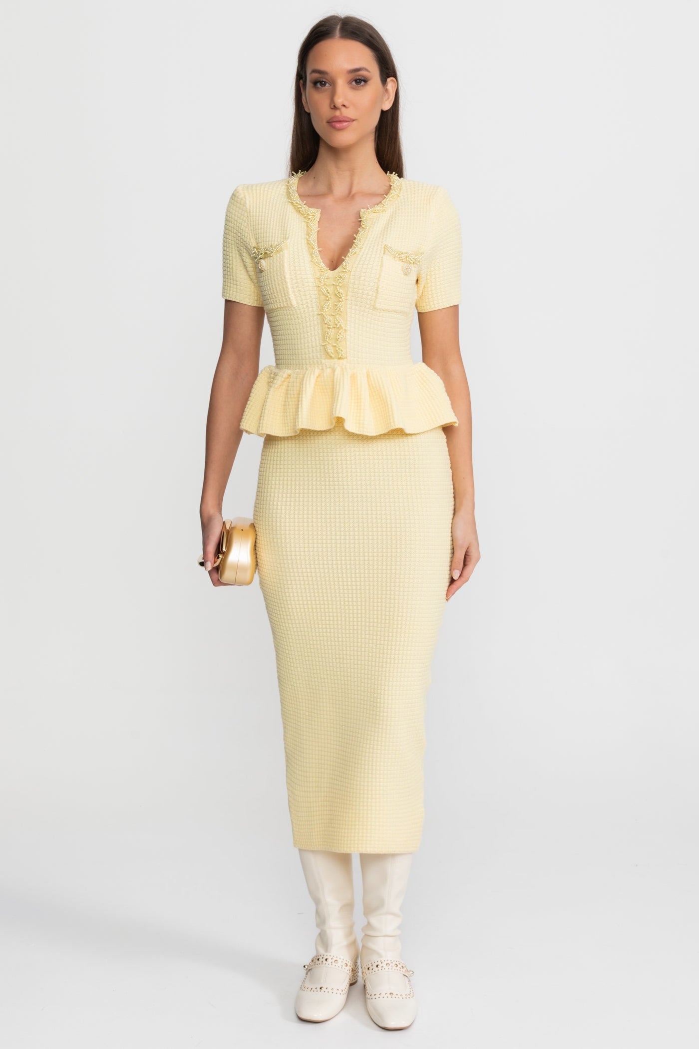 Textured Knit Midi Dress with Peplum Waist Detail – Yellow - ICYBOO