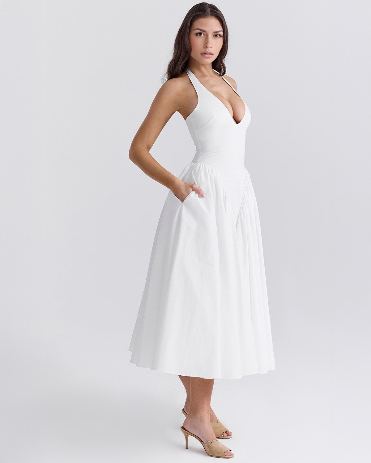 Monroe halter tulle midi summer evening dress - White - ICYBOO