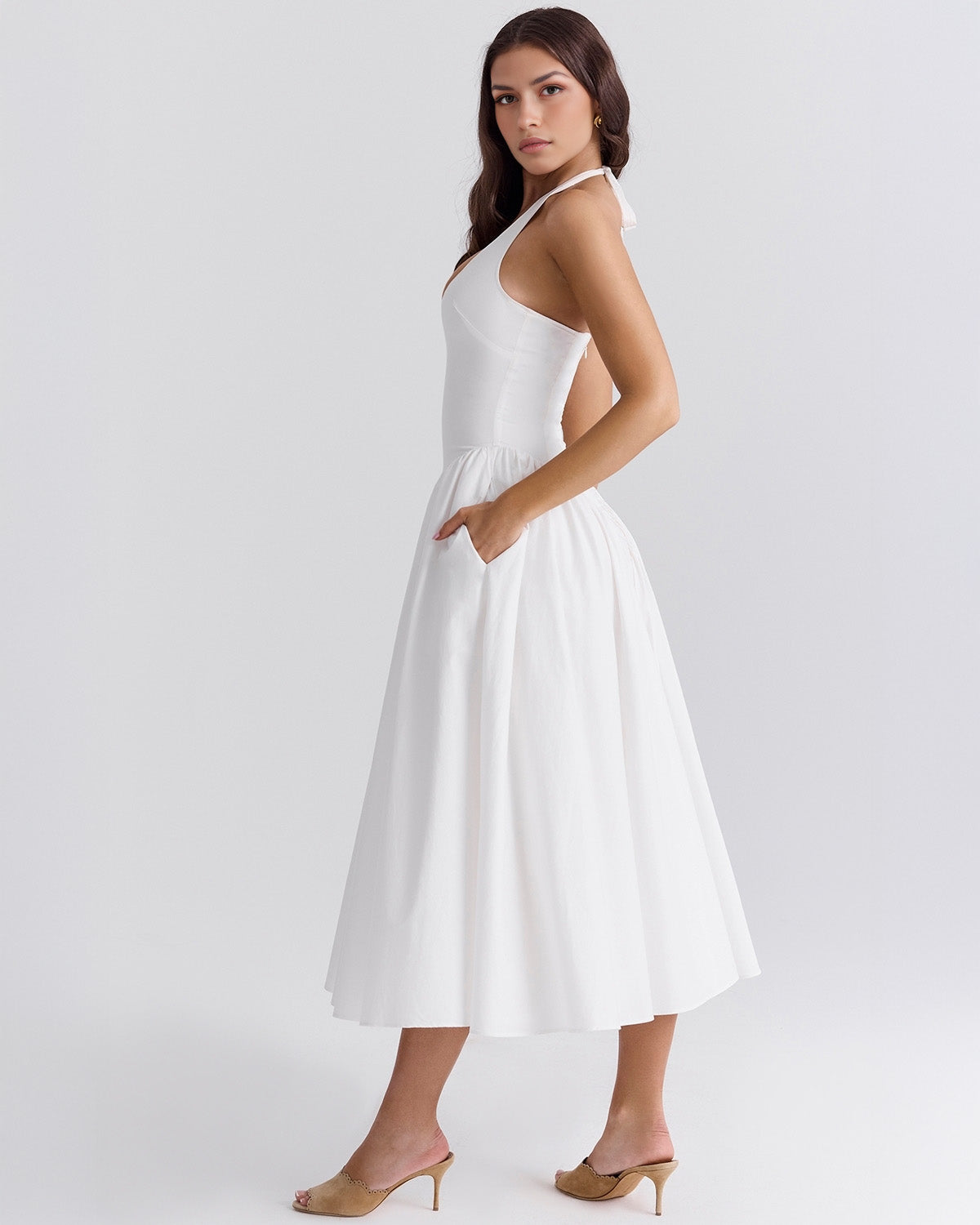 Monroe halter tulle midi summer evening dress - White - ICYBOO