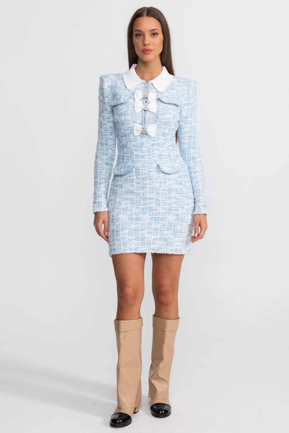 Tweed Mini Dress with Contrast Collar and Bow Embellishments - Light Blue - ICYBOO