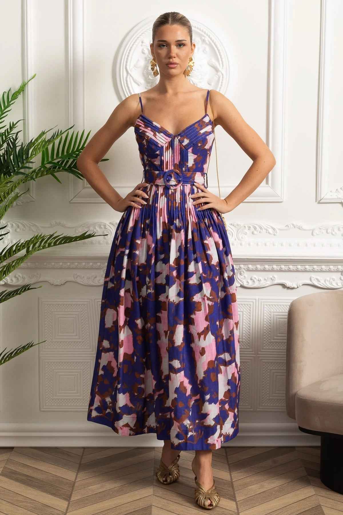 Pleated Bust Belted Midi Dress with Spaghetti Straps - Purple