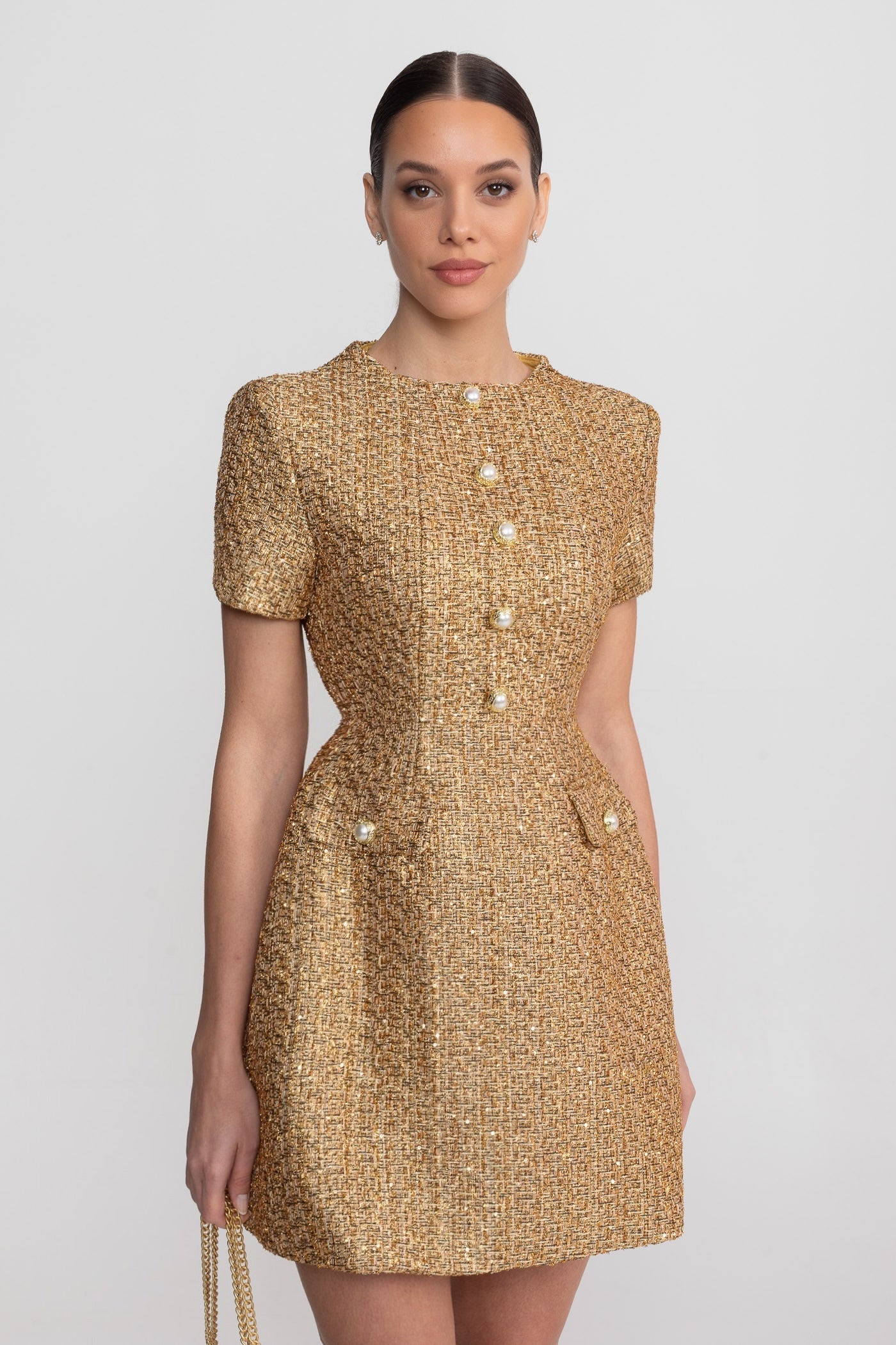 Tweed Mini Dress With Round Neckline And Pearl Button Detail - Gold - ICYBOO