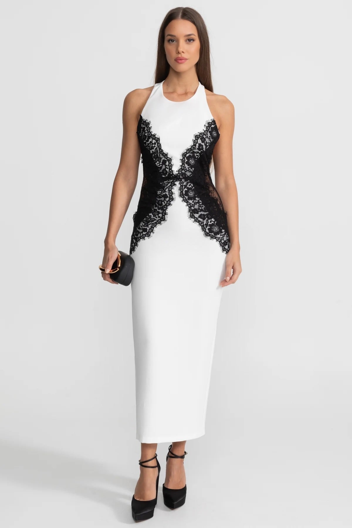 Halter Maxi Dress with Contrast Lace Panels – White - ICYBOO