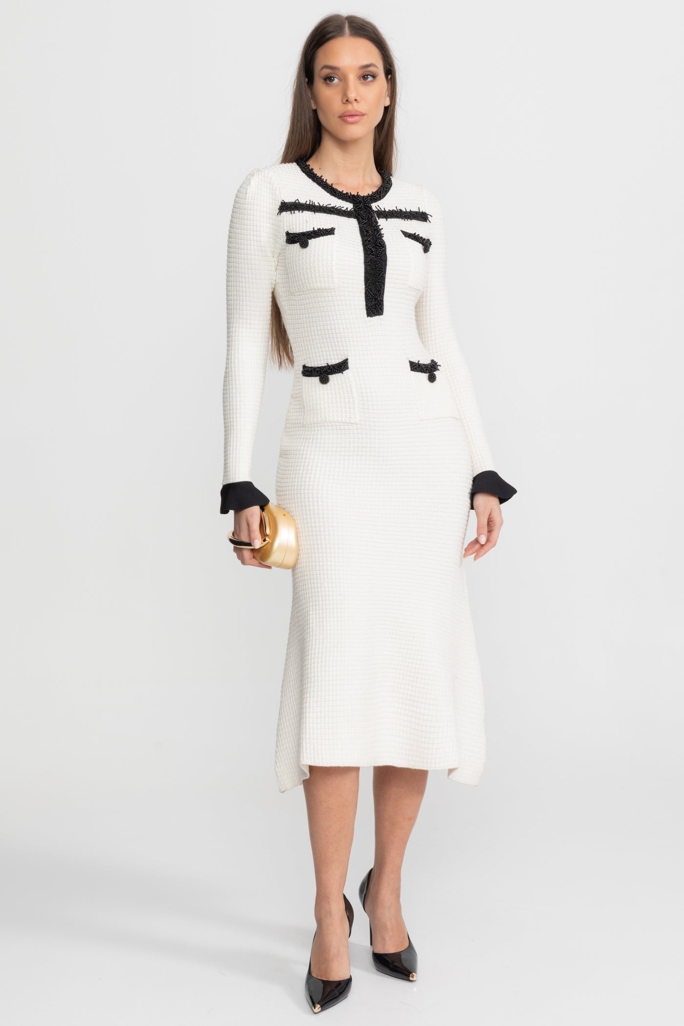 Textured Midi Dress with Contrast Embroidered Trim – Ivoire - ICYBOO