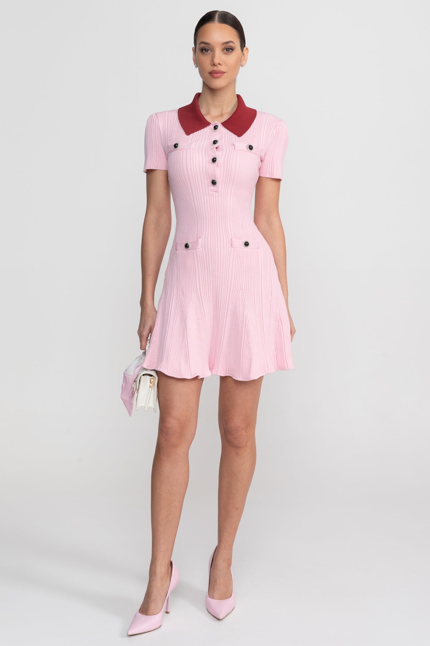 Ribbed Short Sleeve Mini Dress With Contrast Collar And Button Front Detail - Blush Pink - ICYBOO