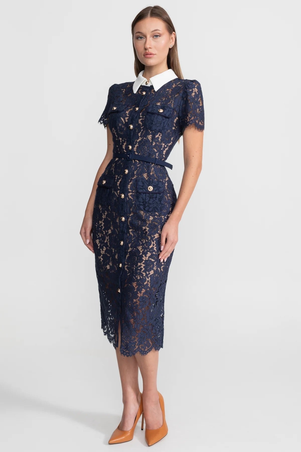 Floral Lace Midi Dress with Tailored Collar and Belted Waist - Navy - ICYBOO