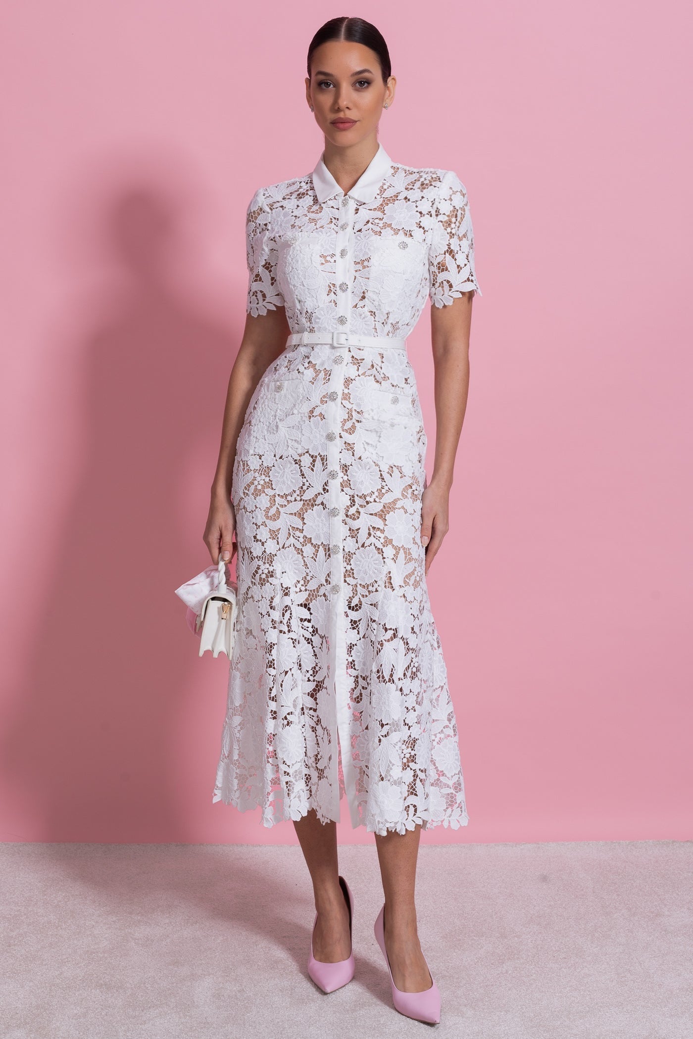Lace Short Sleeve Midi Dress With Collared Neckline And Belted Waist - White - ICYBOO