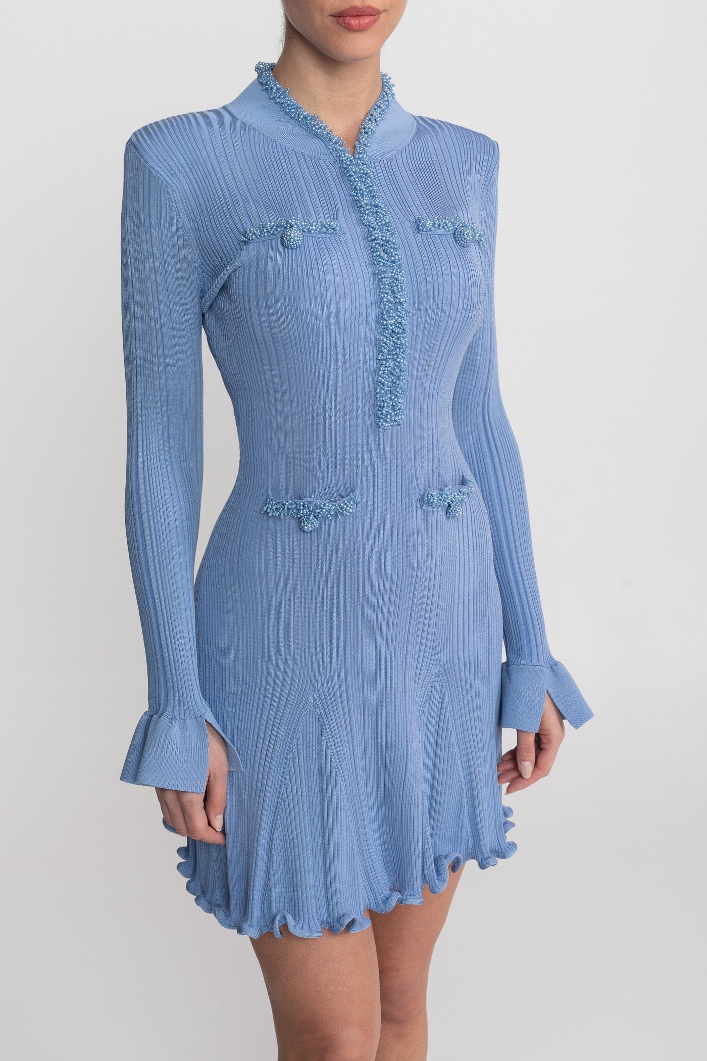 Ribbed Knit Mini Dress With Beaded Trim Detailing - Blue - ICYBOO