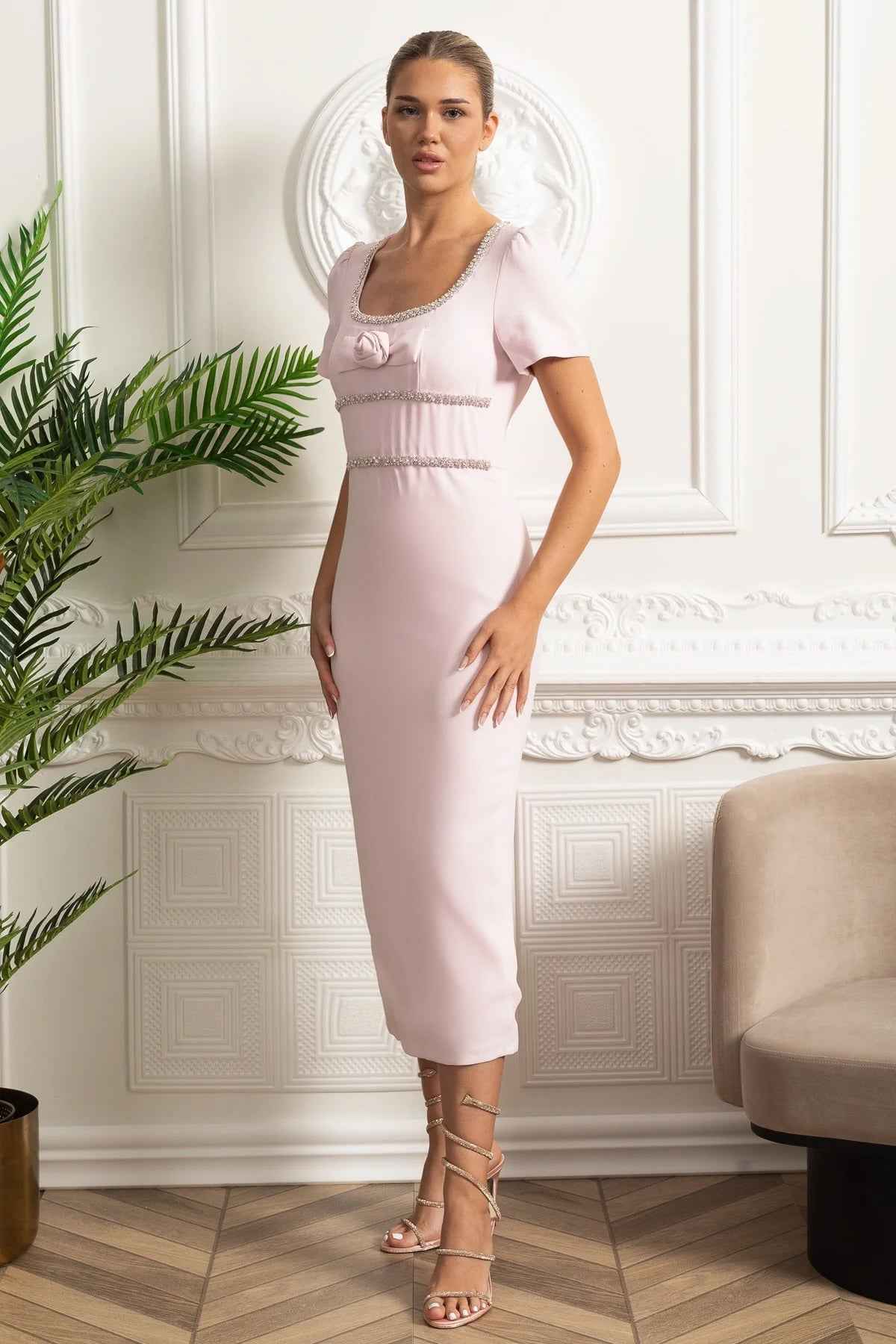 Embroidered Rose | FITTED EMBROIDERED MIDI COCKTAIL PARTY DRESS