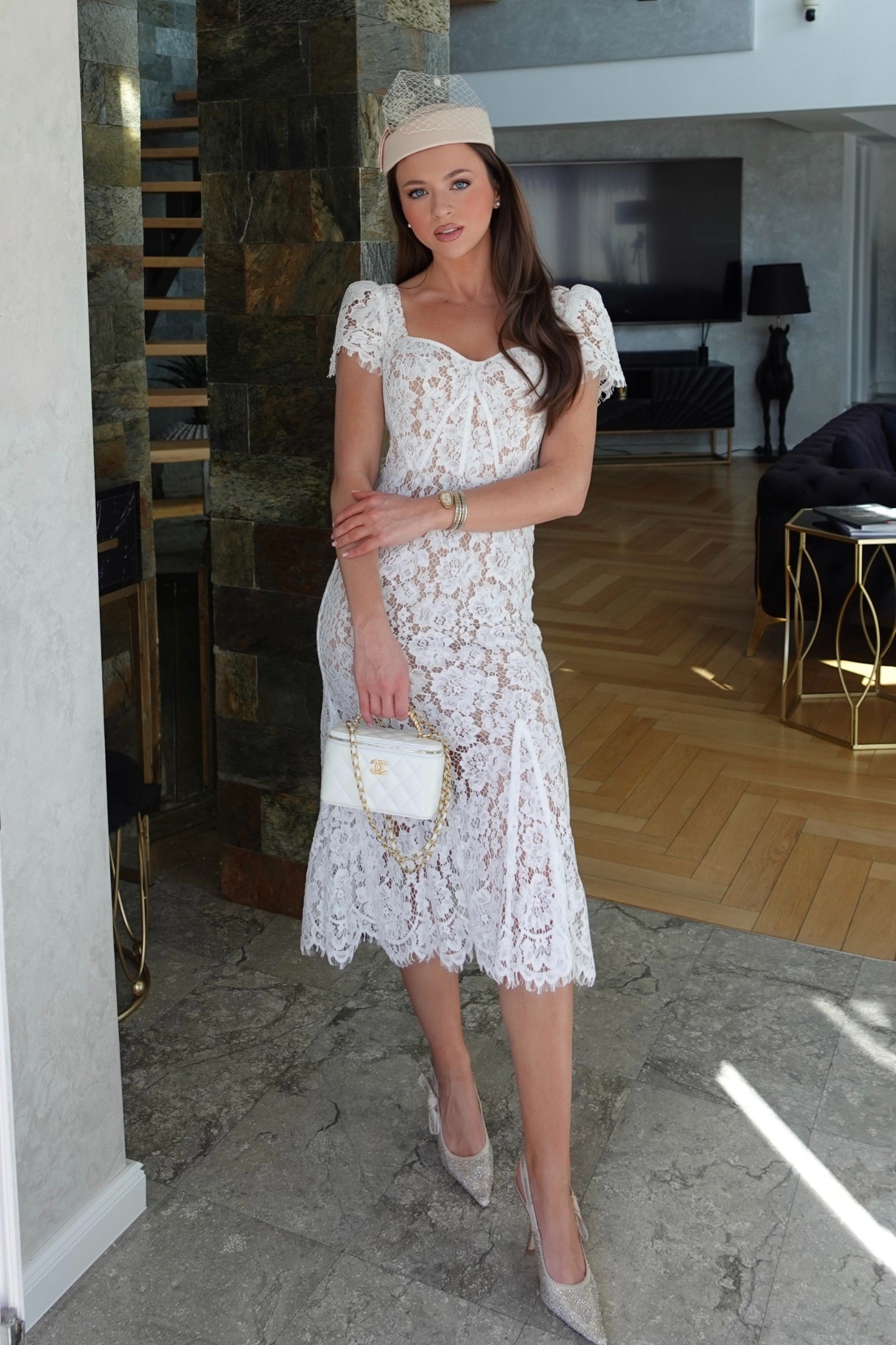 Short Sleeved Lace Dress With Delicate Matching Waist Belt - White - ICYBOO