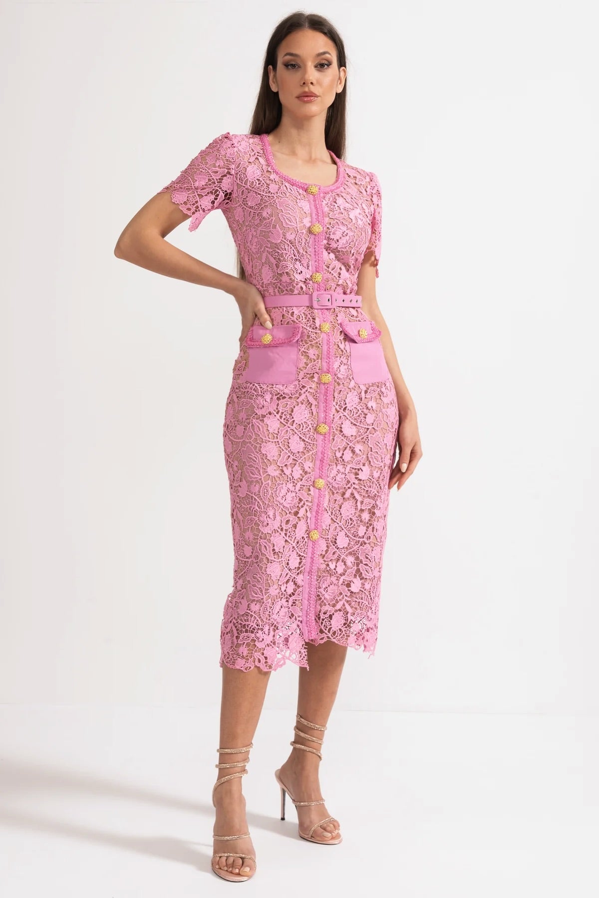Exquisite Short Sleeve Lace Midi Dress - Rose - ICYBOO