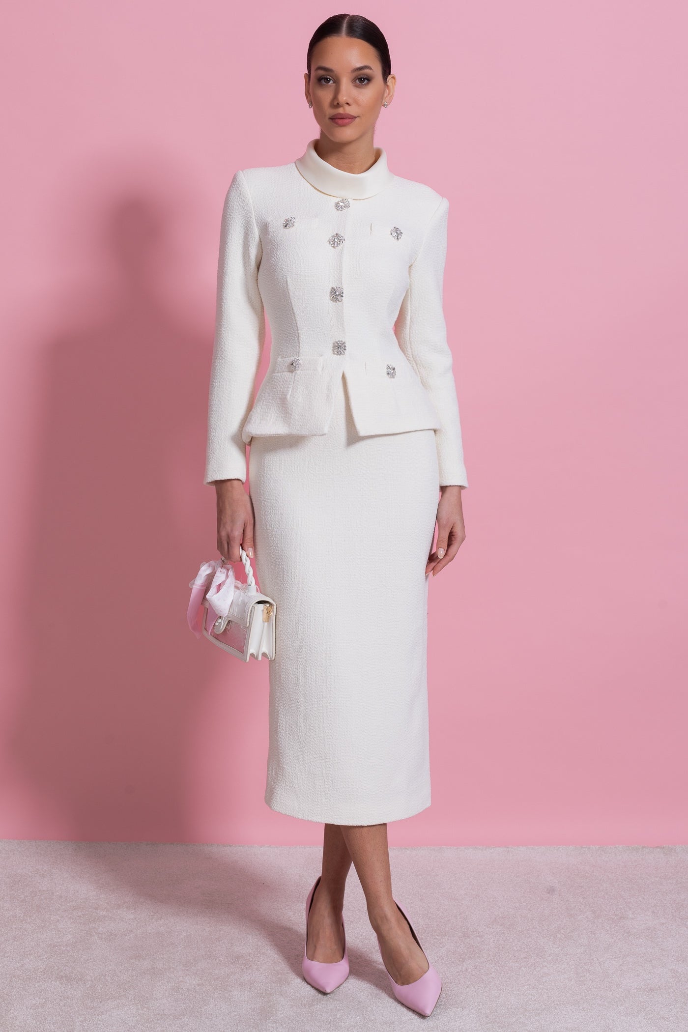 Textured Midi Dress With High Neck Jacket And Crystal Button Detail - White - ICYBOO
