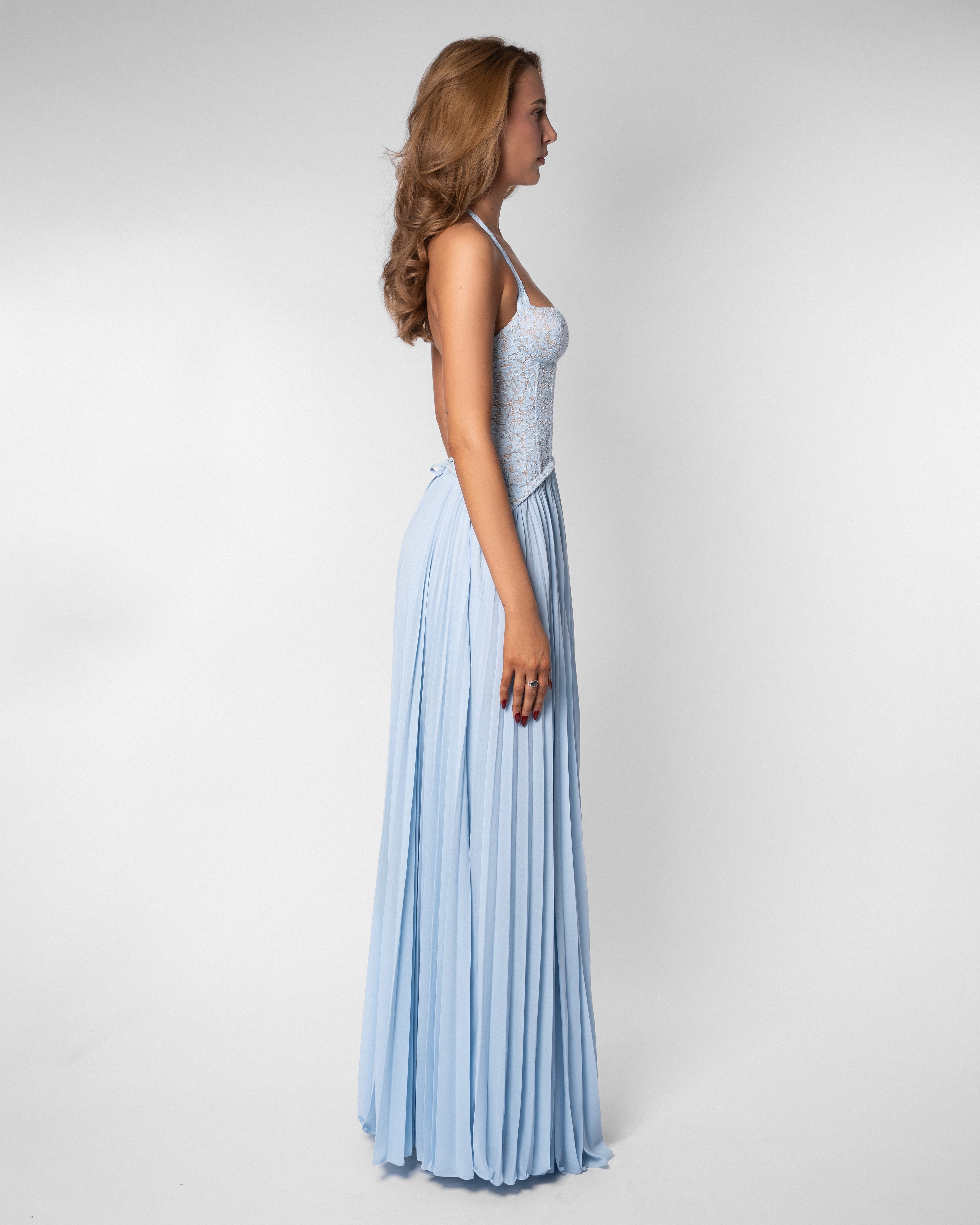 Gaia Lace Pleated Maxi Evening Dress - Soft Blue