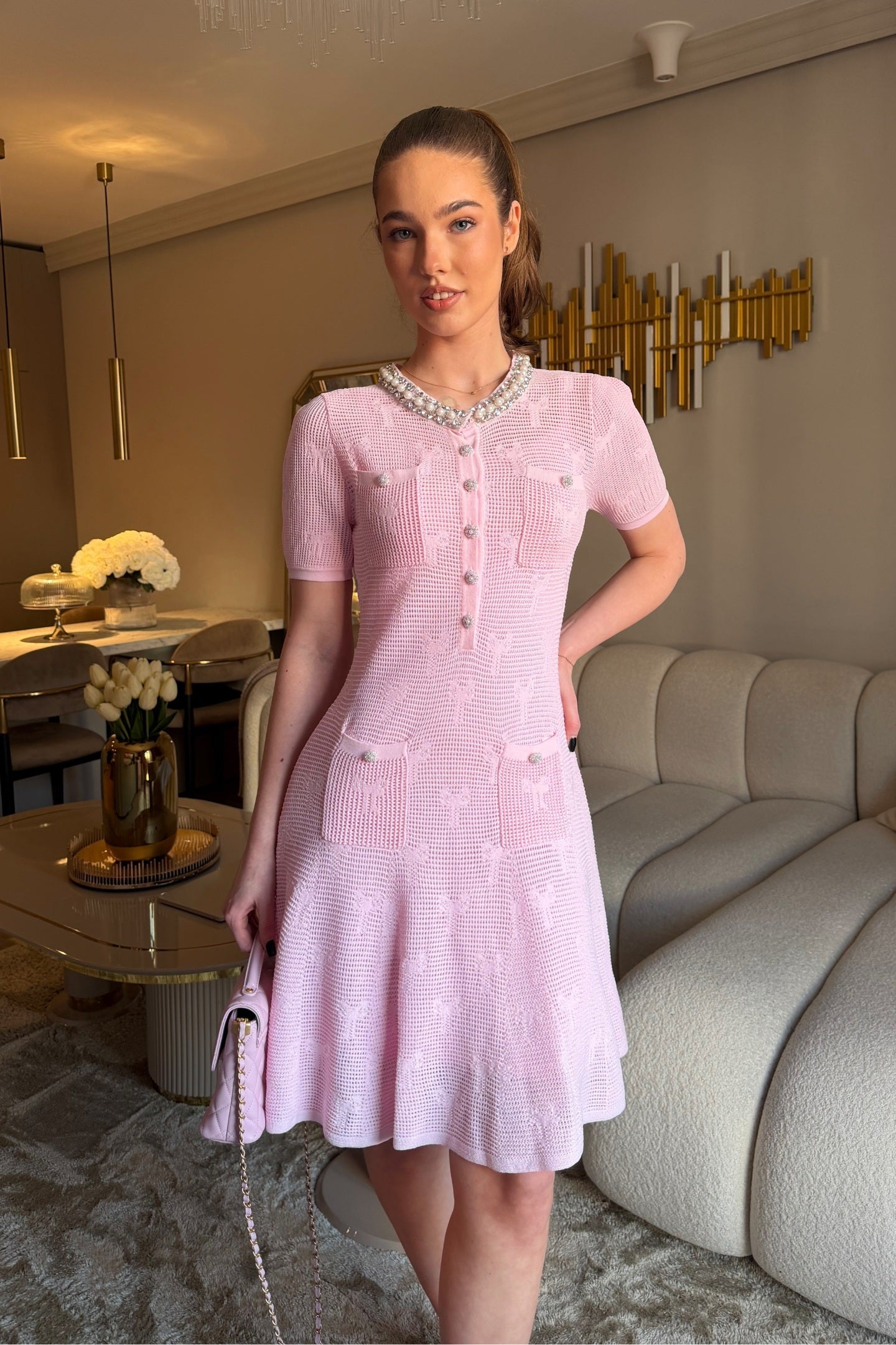Textured Short Sleeve Mini Dress With Pearl Trim Neckline And Crystal Buttons - Pink - ICYBOO