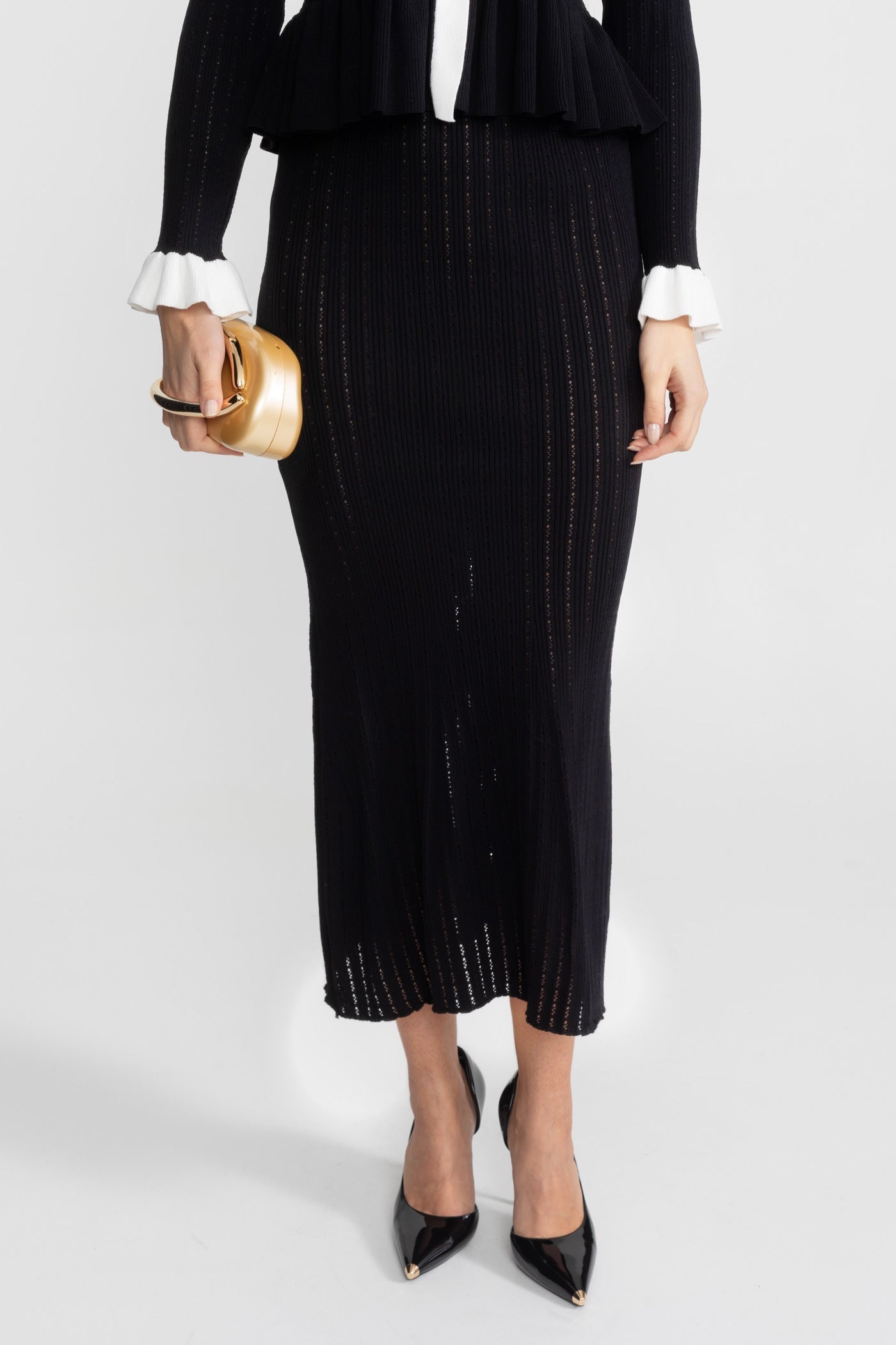 Pointelle Knit Midi Co-Ord with Contrast Trim – Black - ICYBOO