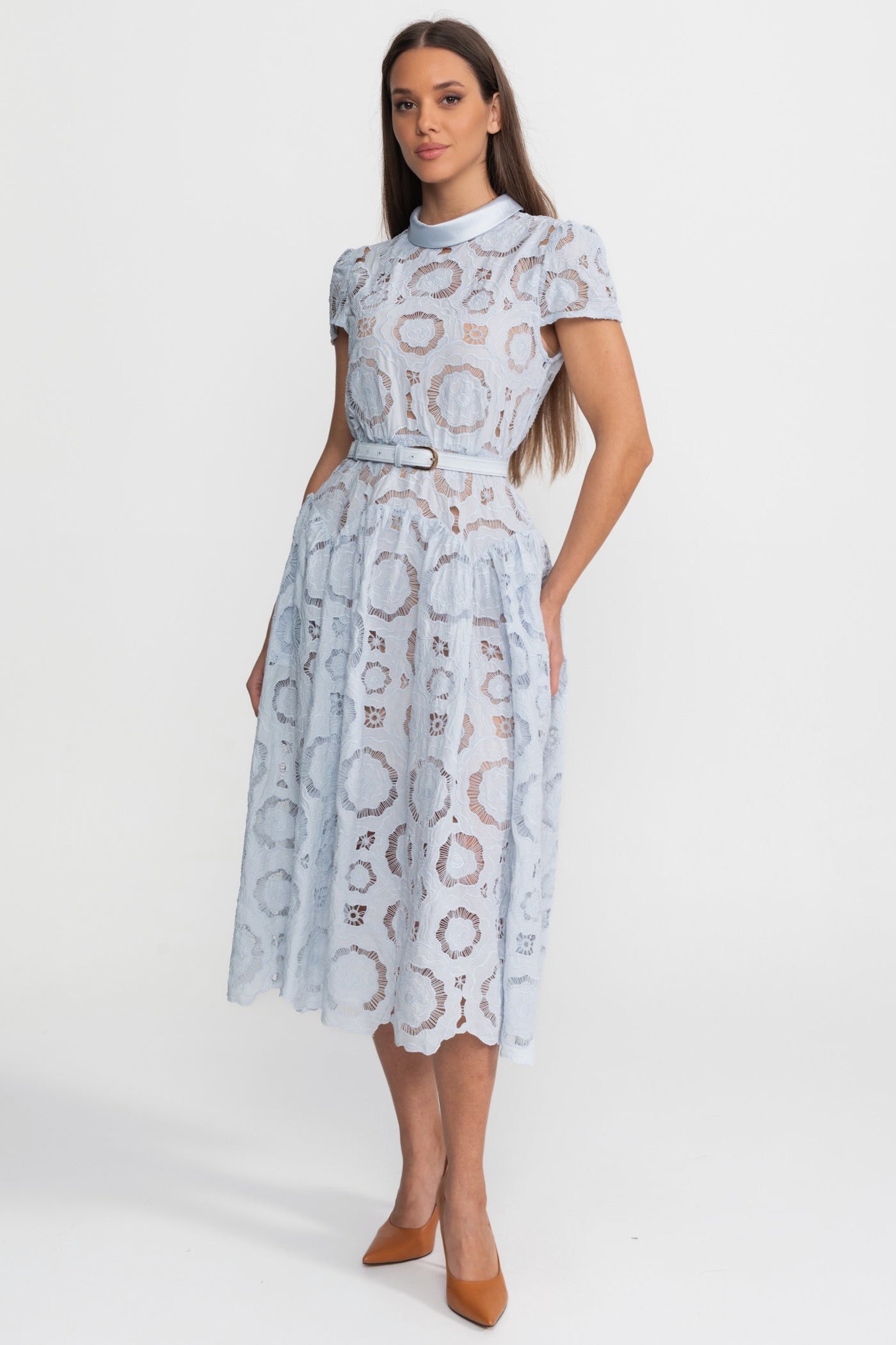 Floral Lace Midi Dress with Belted Waist – Light Blue - ICYBOO