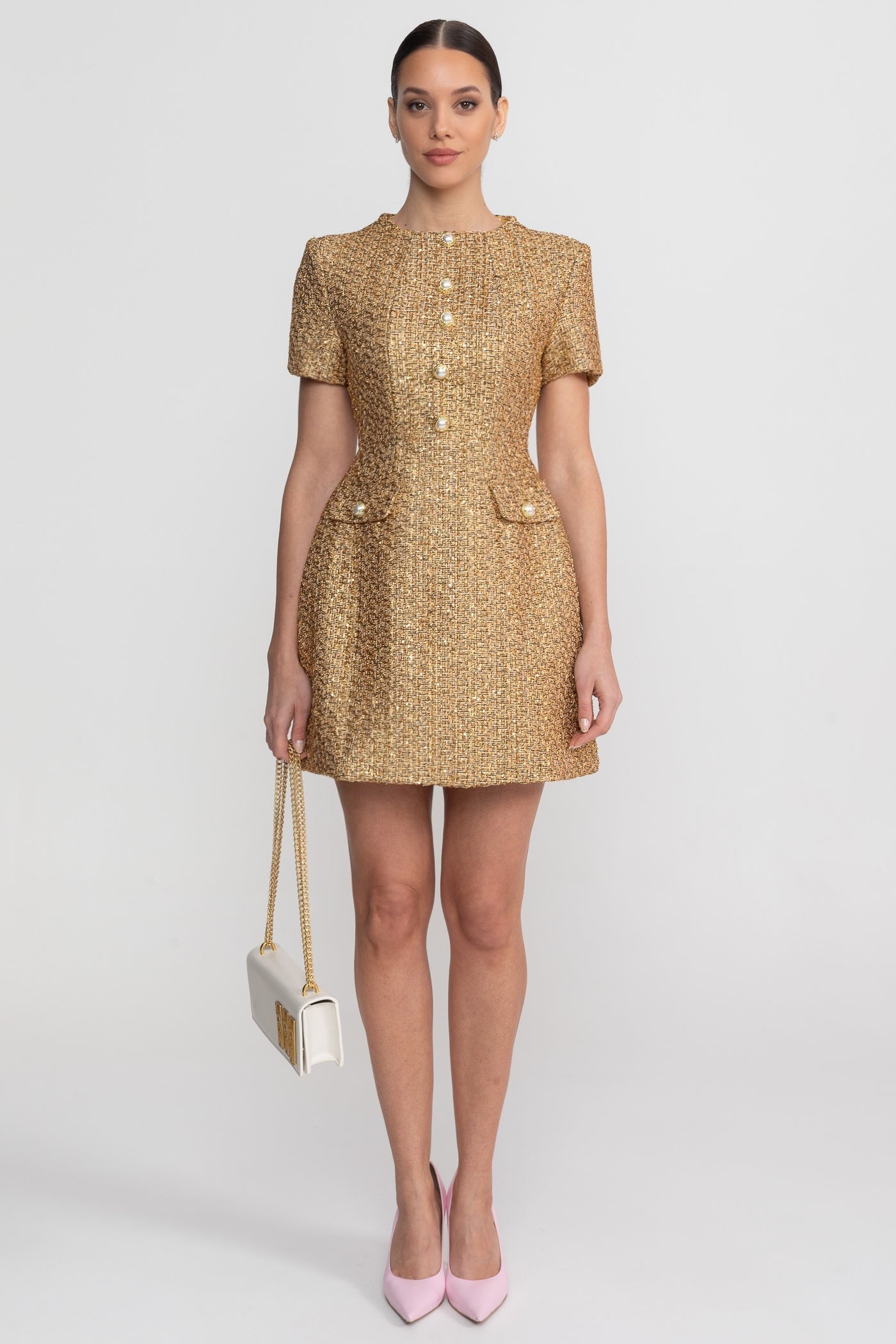 Tweed Mini Dress With Round Neckline And Pearl Button Detail - Gold - ICYBOO