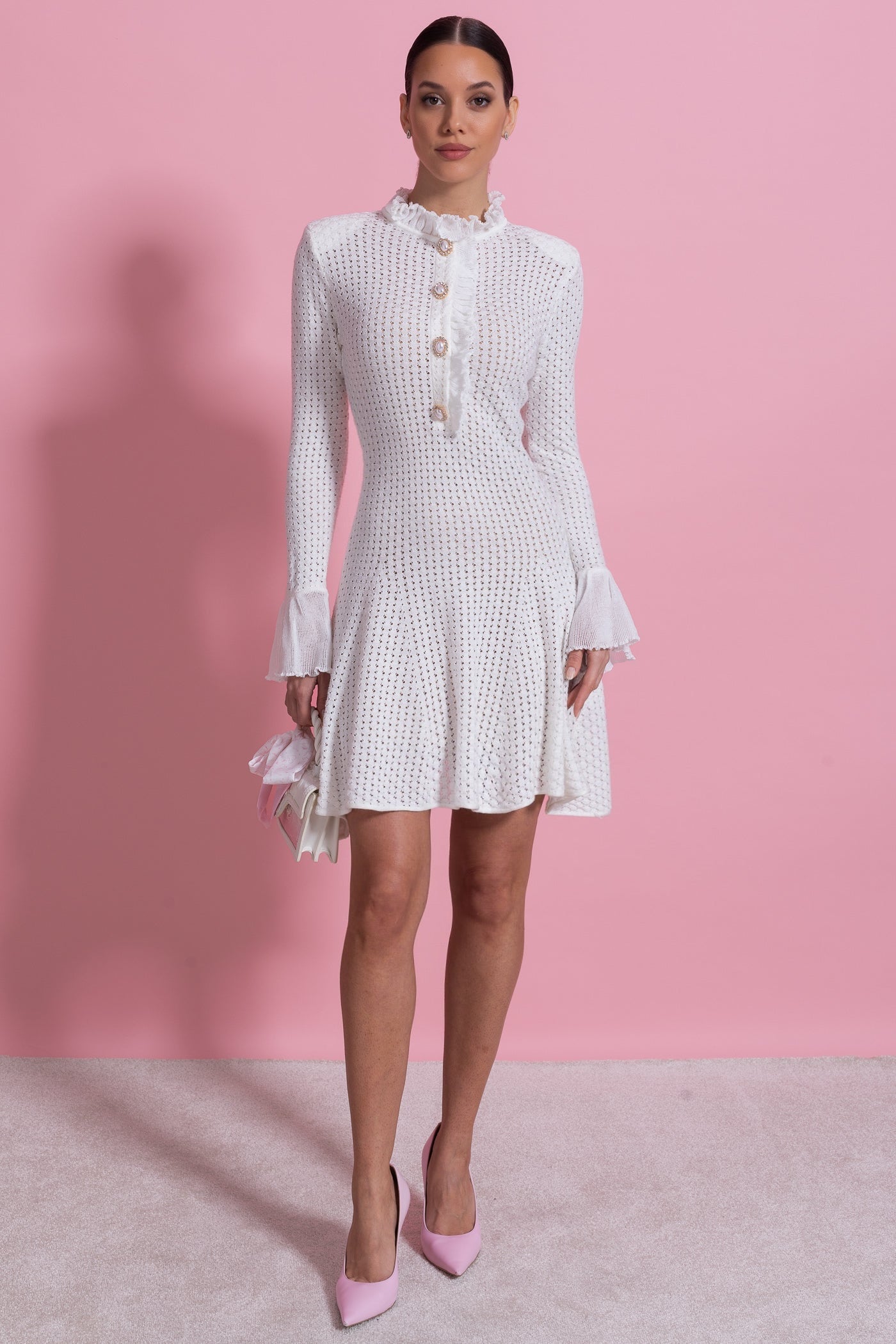 Open-Knit Mini Dress With Ruffle High Neck And Pearl Button Placket - White - ICYBOO