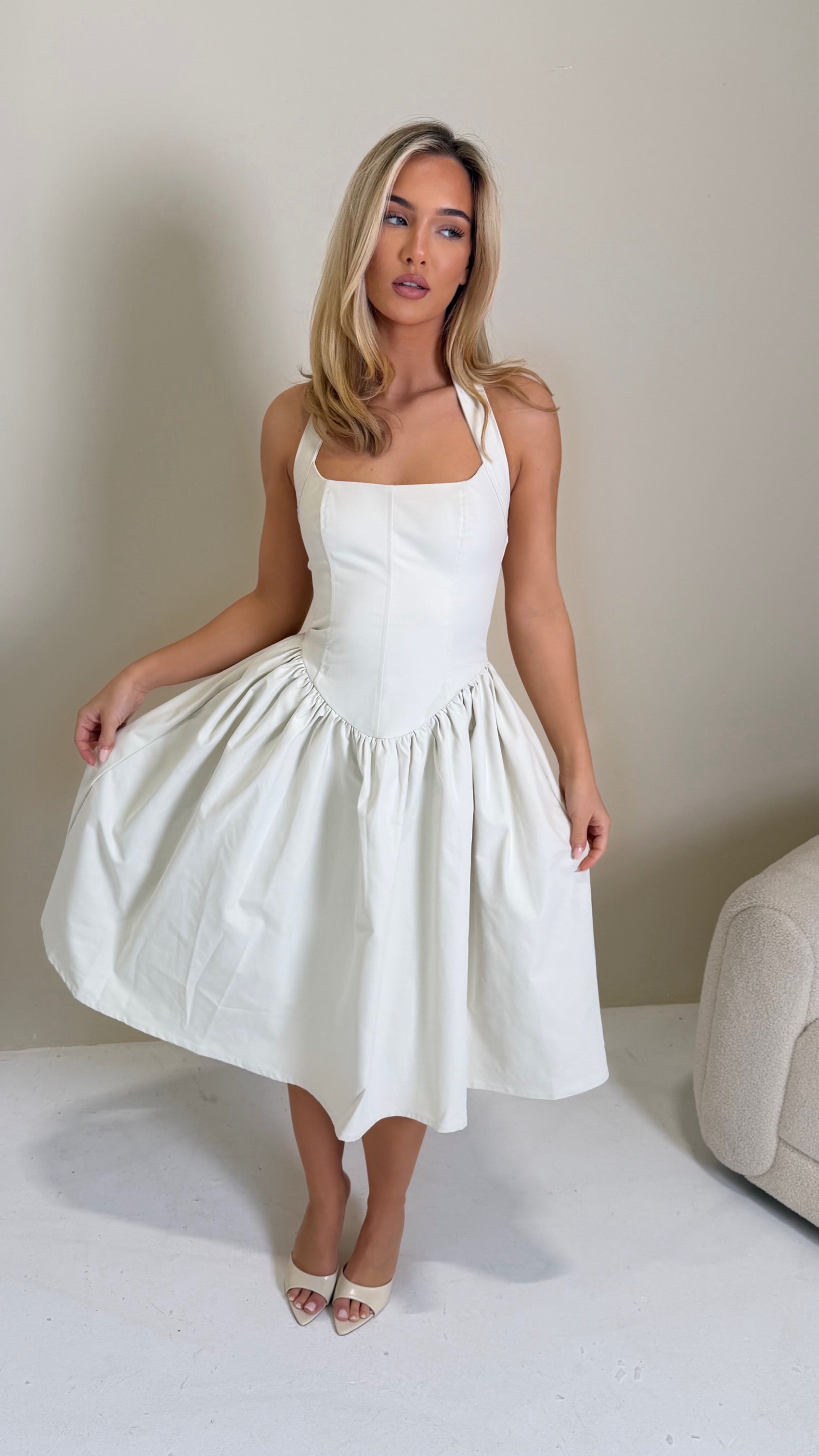 BLYTHE Halterneck Structured Midi Dress In Ivory - ICYBOO