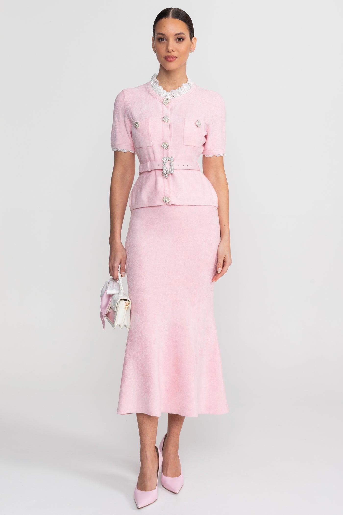 Short Sleeve Co-Ord With Peplum Waist And Crystal Button Belt - Blush Pink - ICYBOO