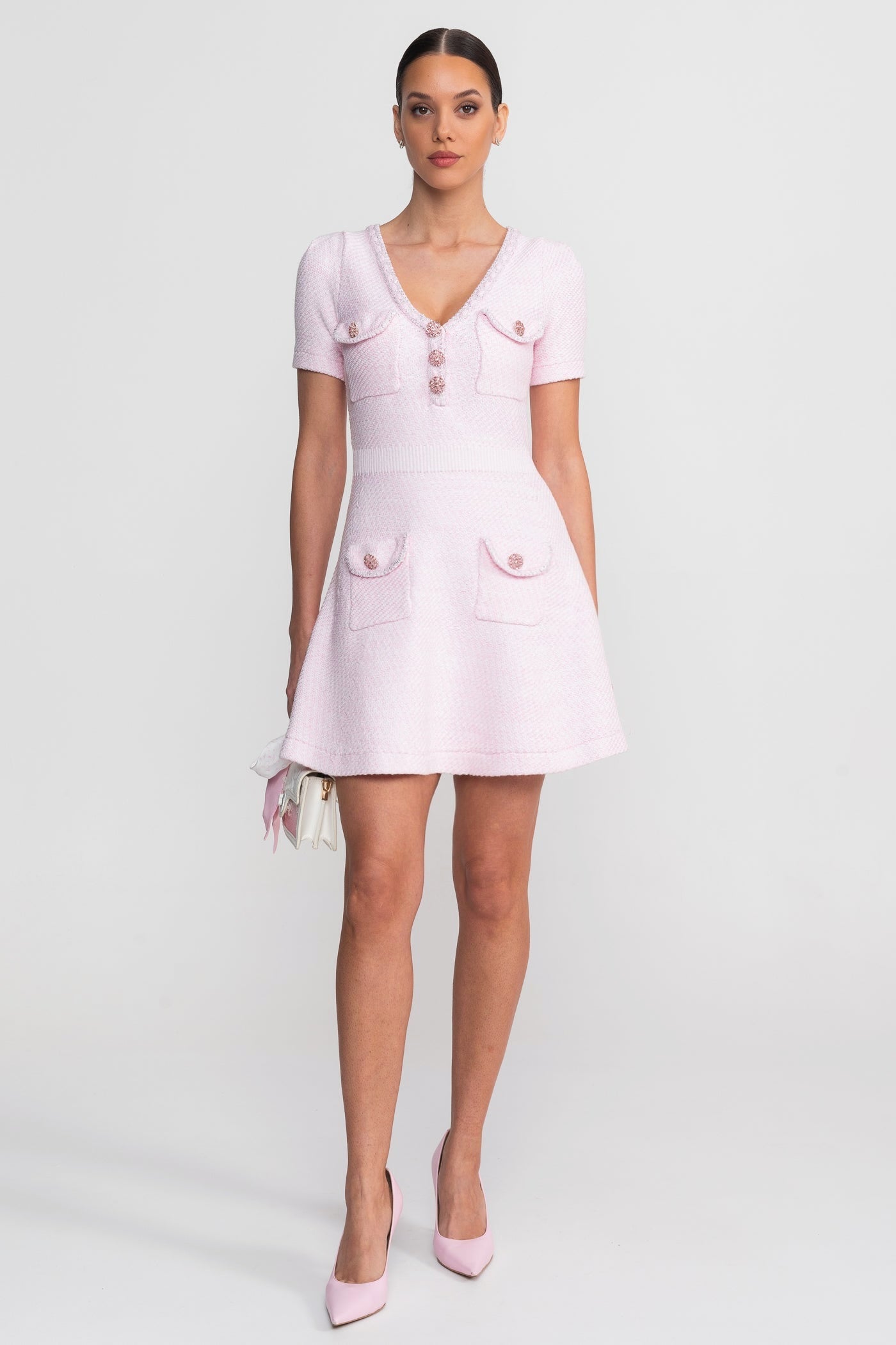 Textured Short Sleeve Mini Dress With V-Neckline And Jewel Buttons - Pink - ICYBOO